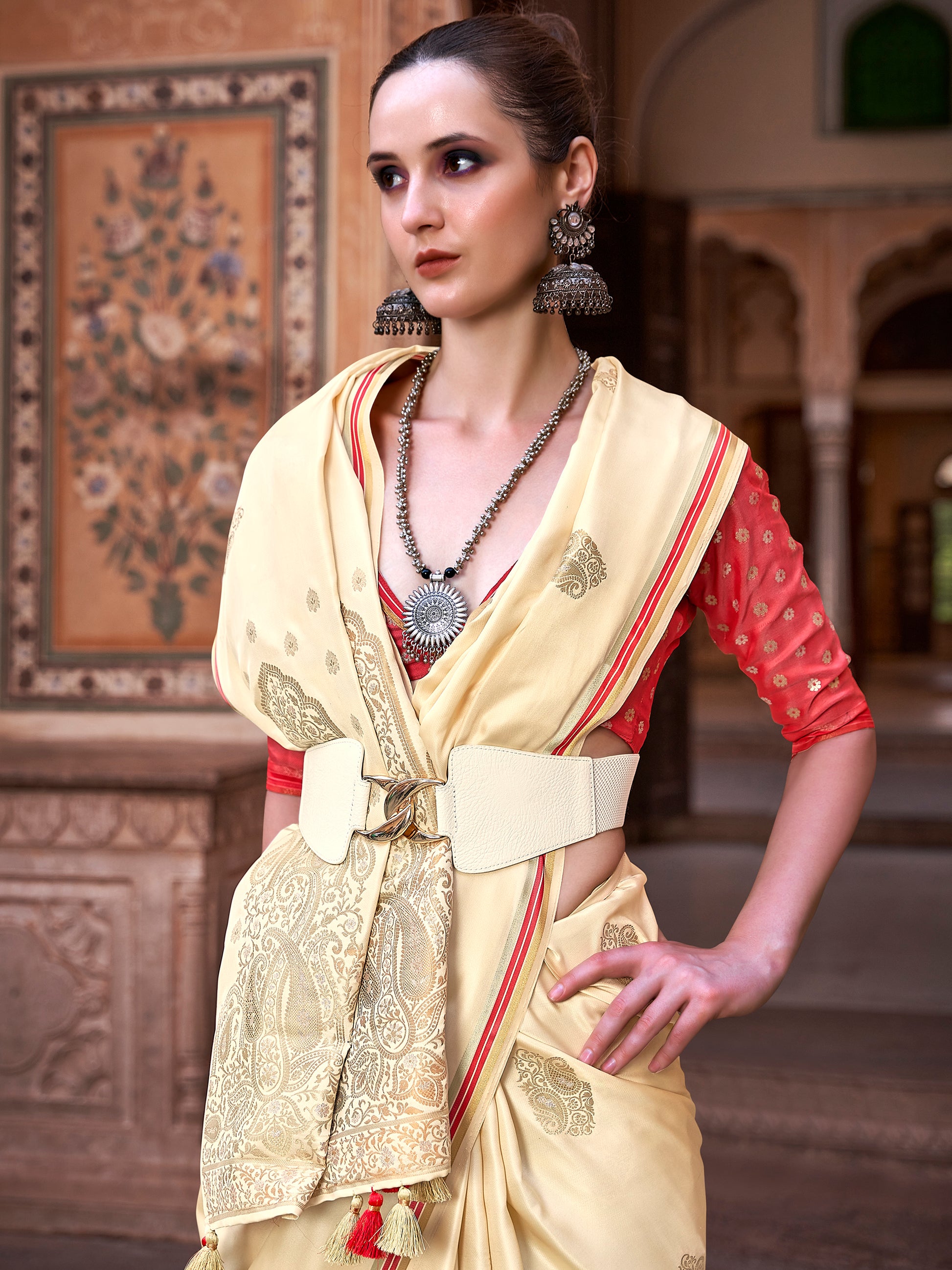 Excellent Beige Zari Weaving Satin Wedding Wear Saree With Blouse