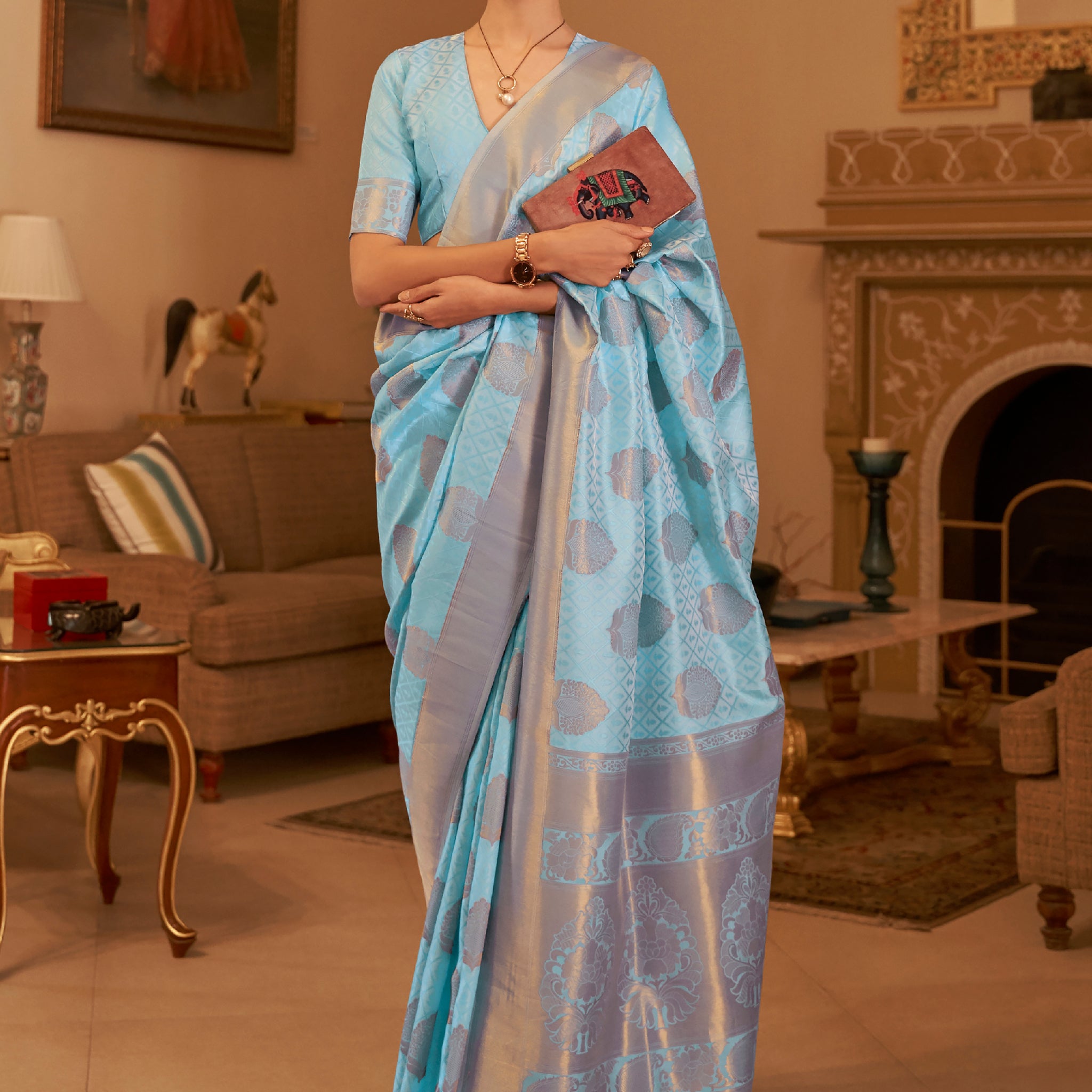 Amazing Sky-Blue Zari Woven Silk Festive Wear Saree With Blouse