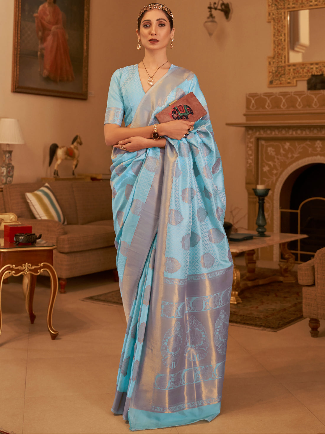 Amazing Sky-Blue Zari Woven Silk Festive Wear Saree With Blouse