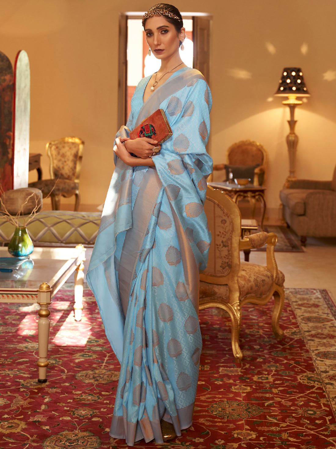Amazing Sky-Blue Zari Woven Silk Festive Wear Saree With Blouse