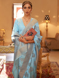 Amazing Sky-Blue Zari Woven Silk Festive Wear Saree With Blouse