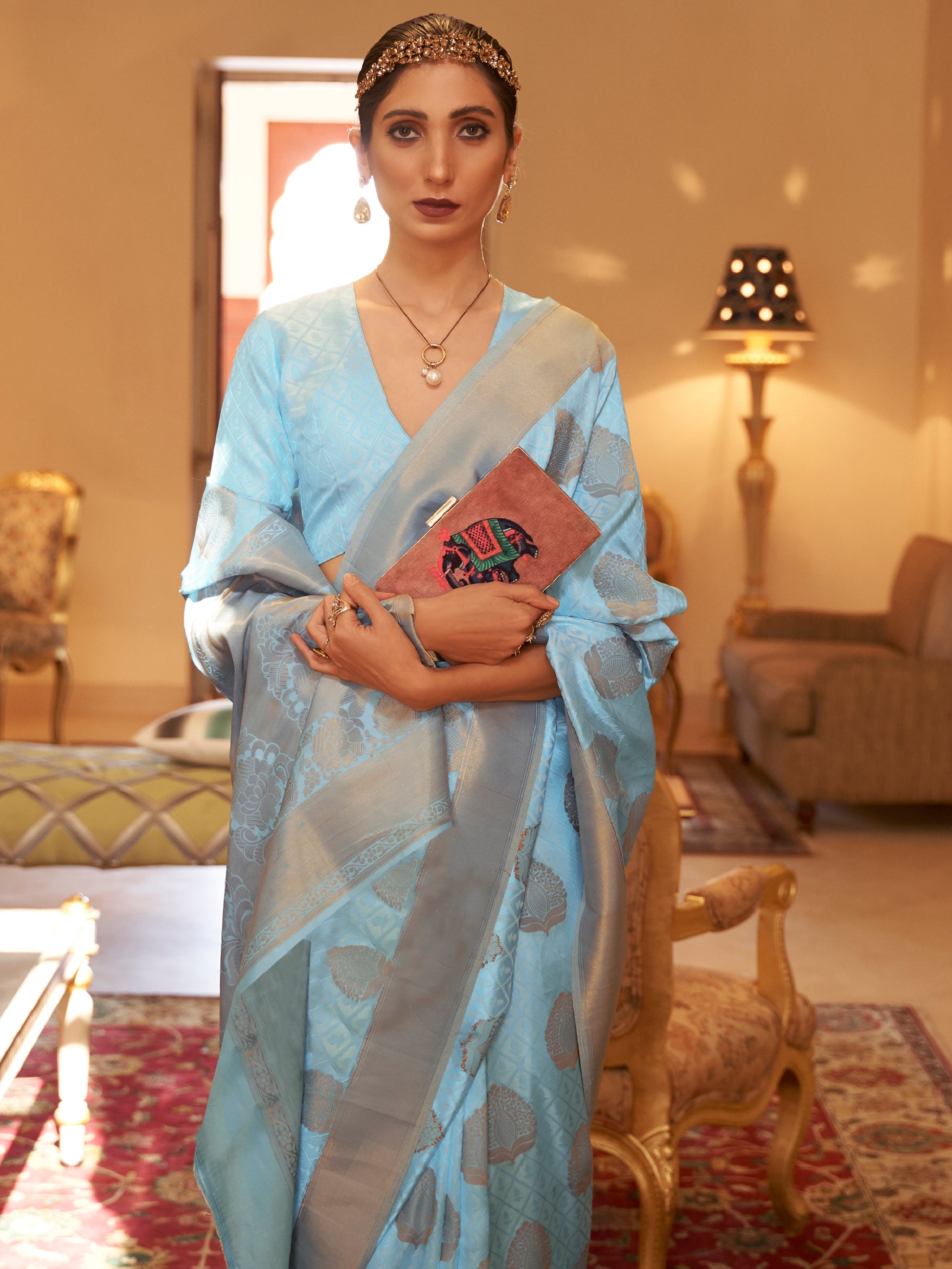 Amazing Sky-Blue Zari Woven Silk Festive Wear Saree With Blouse