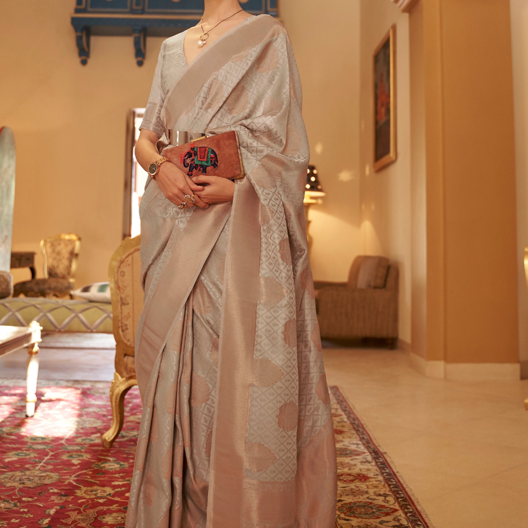 Outstanding Grey Zari Woven Silk Events Wear Saree With Blouse