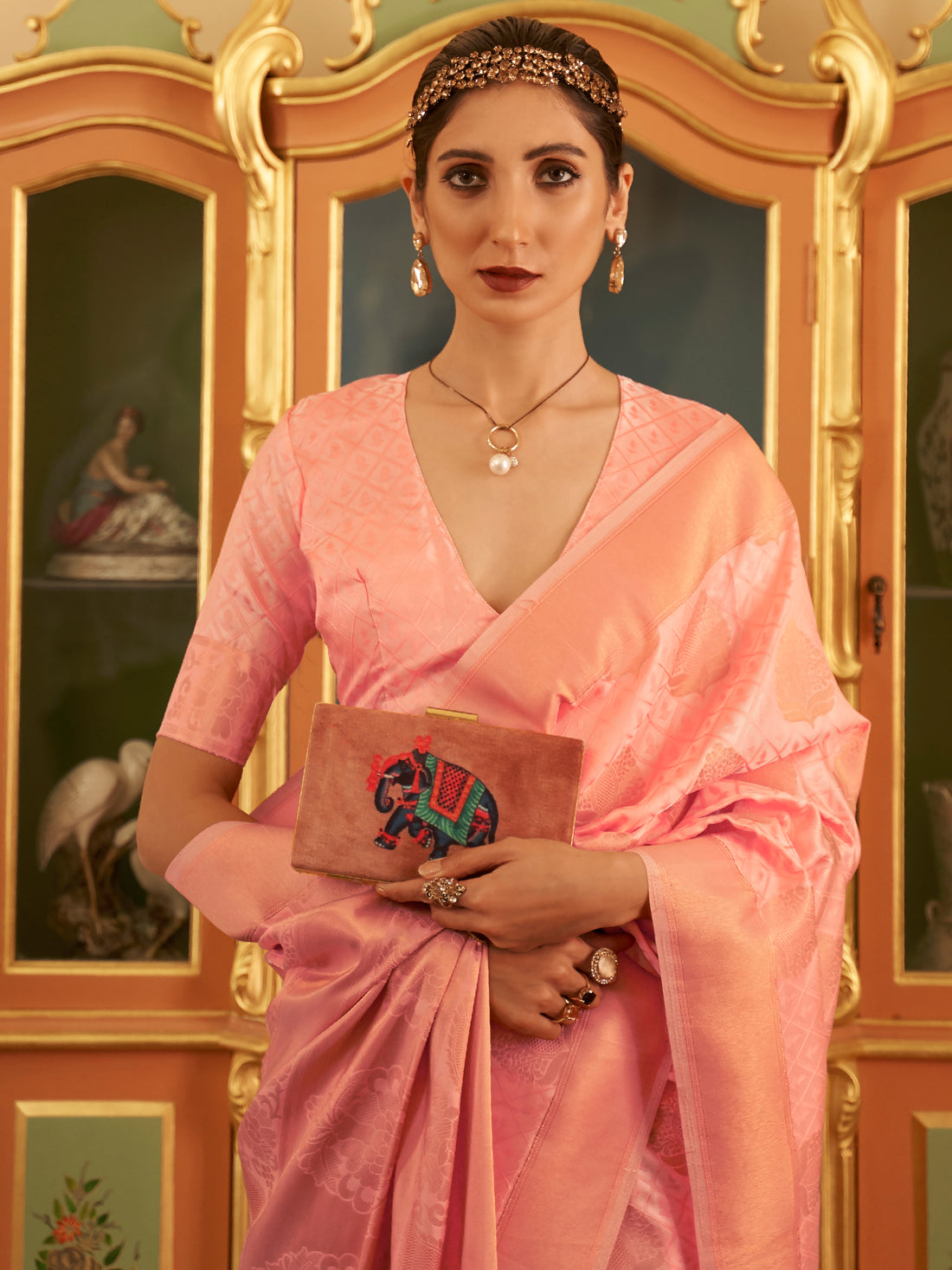 Astounding Peach Zari Woven Silk Reception Wear Saree With Blouse
