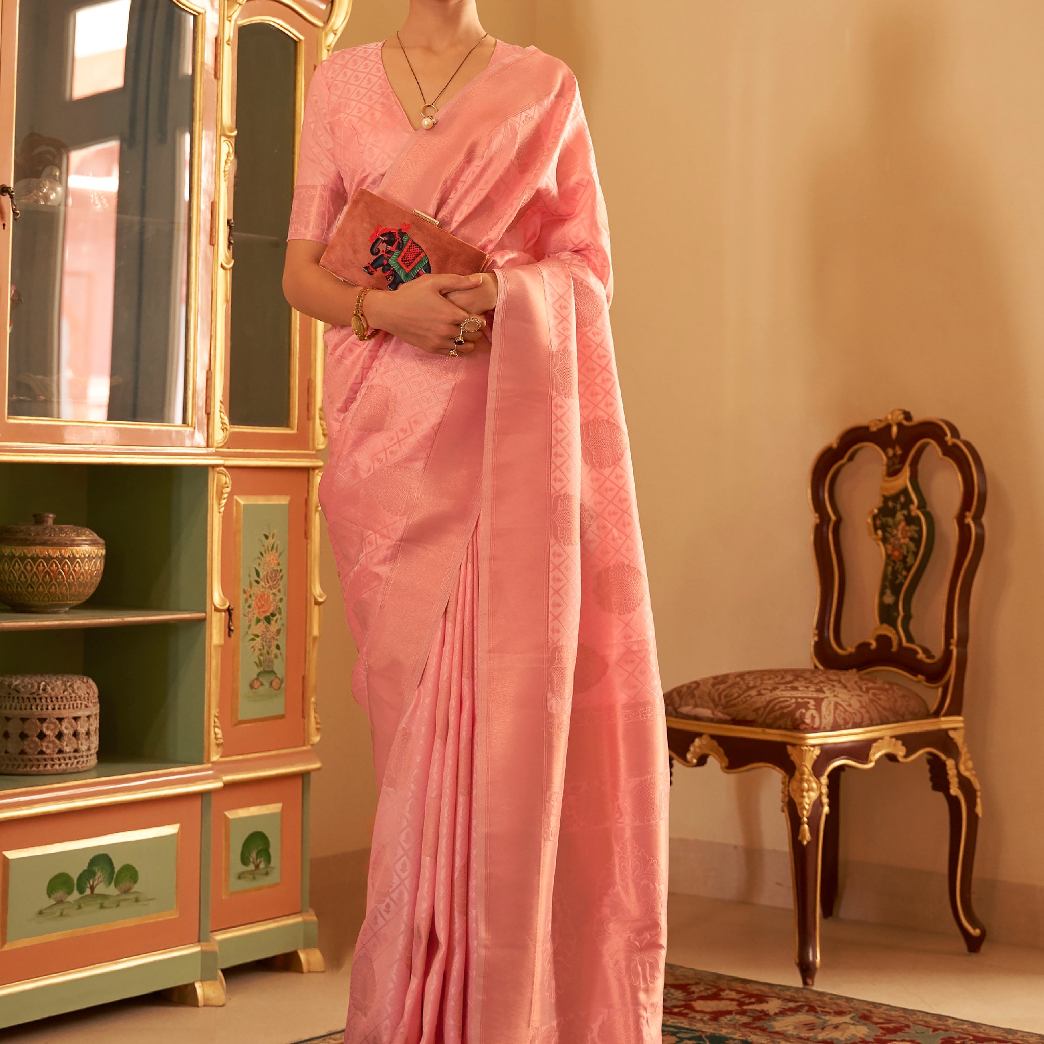 Astounding Peach Zari Woven Silk Reception Wear Saree With Blouse