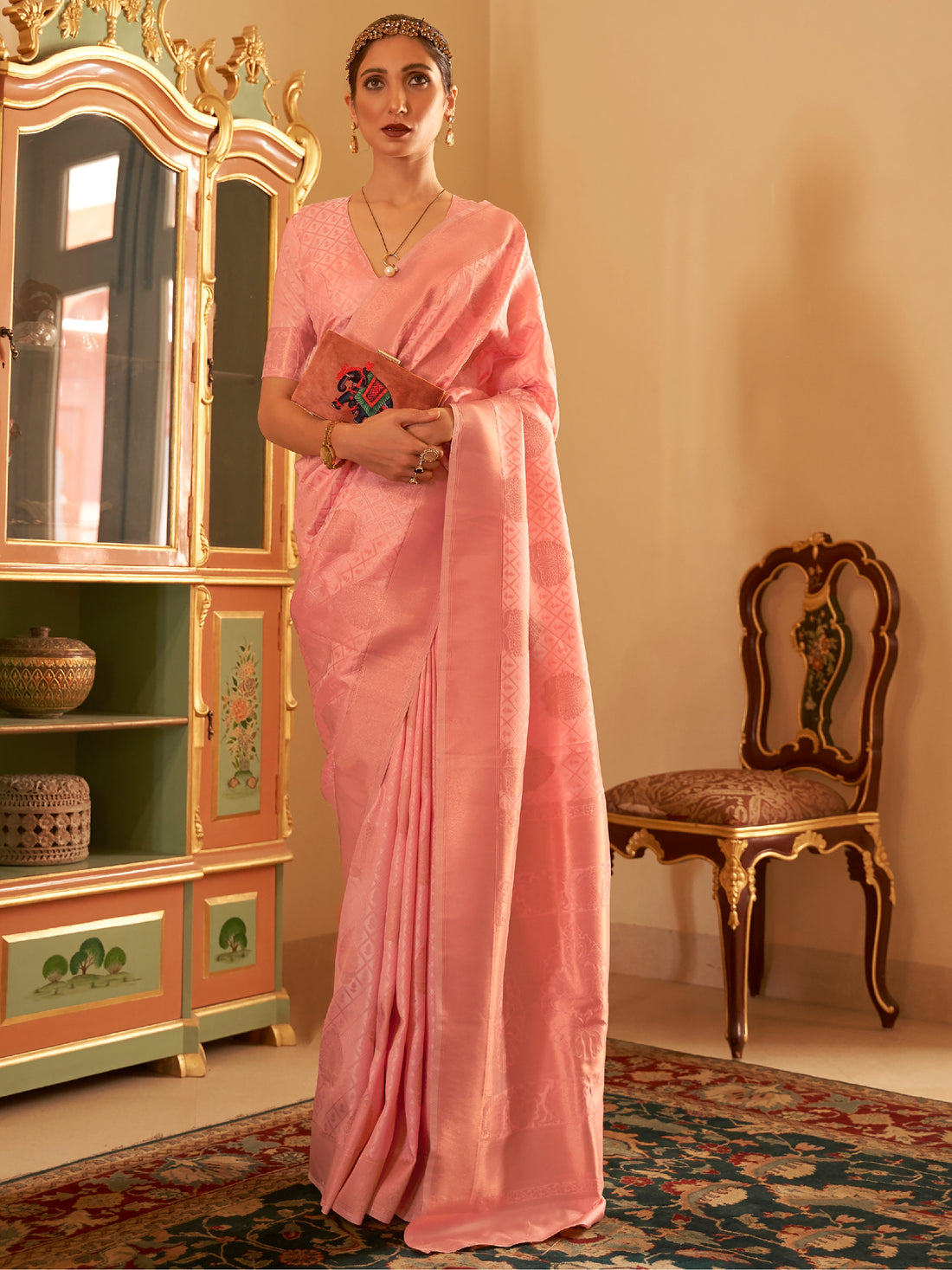 Astounding Peach Zari Woven Silk Reception Wear Saree With Blouse