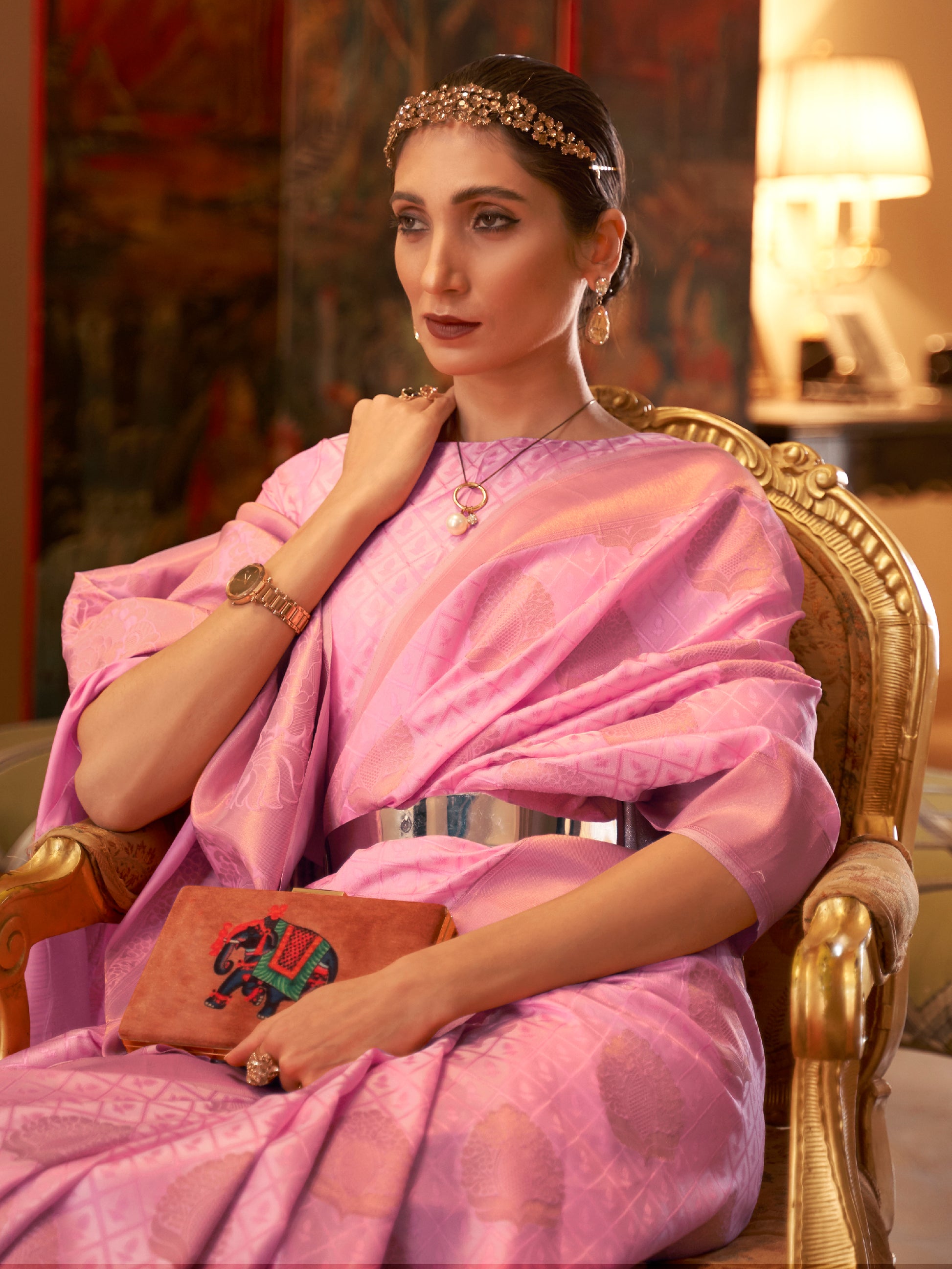 Excellent Pink Zari Woven Silk Engagement Wear Saree With Blouse