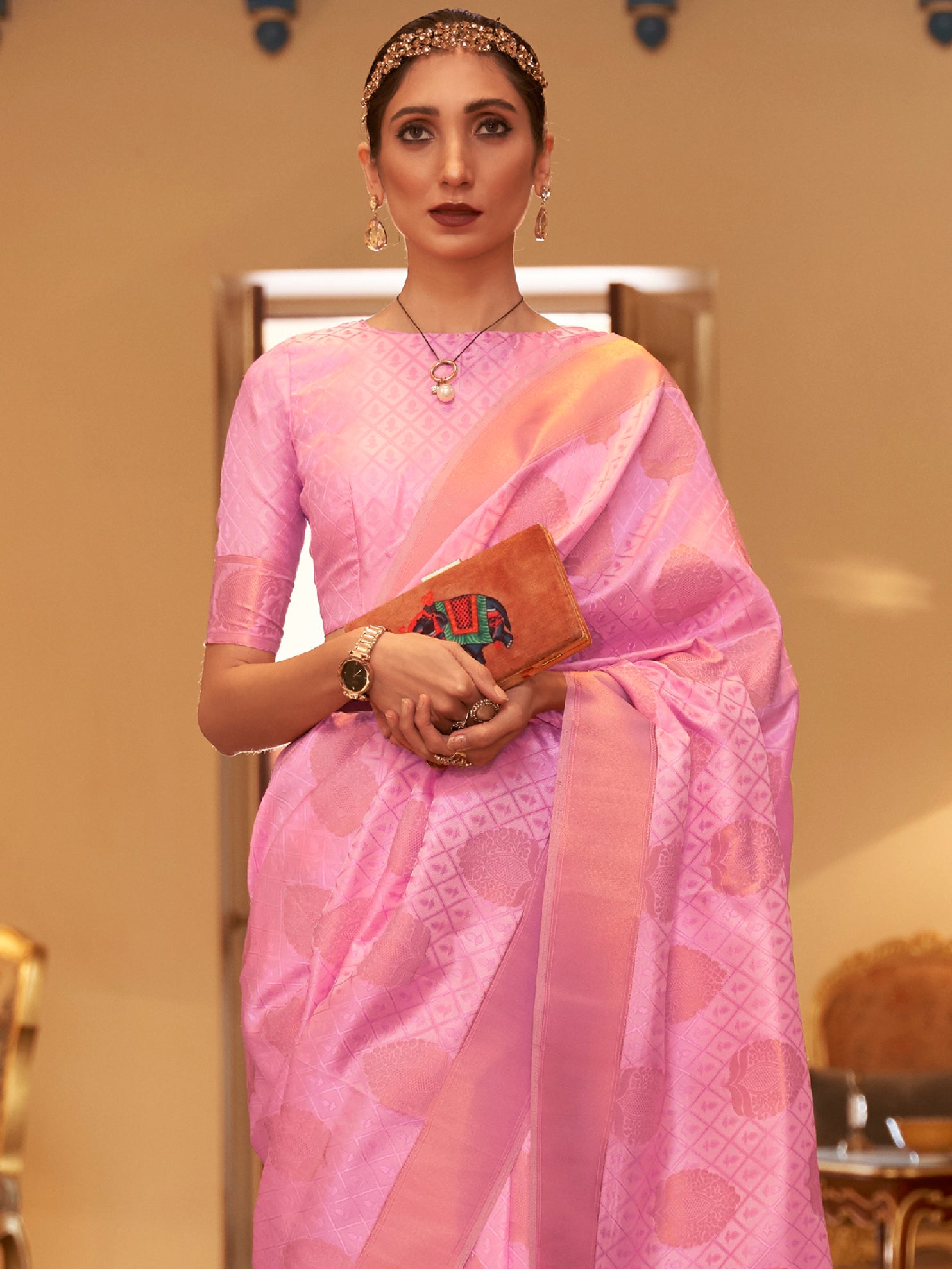 Excellent Pink Zari Woven Silk Engagement Wear Saree With Blouse