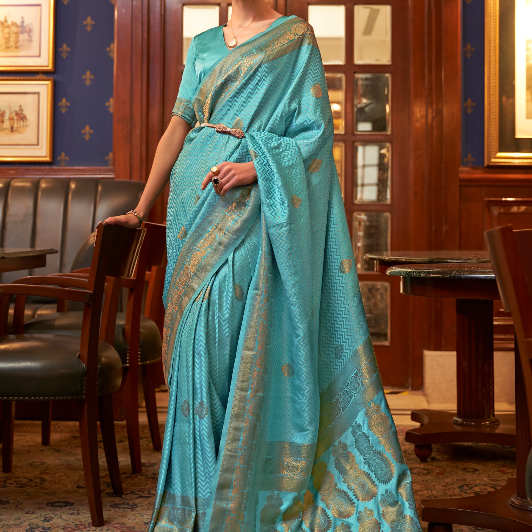 Lovely Turquoise Zari Weaving Satin Reception Wear Saree With Blouse