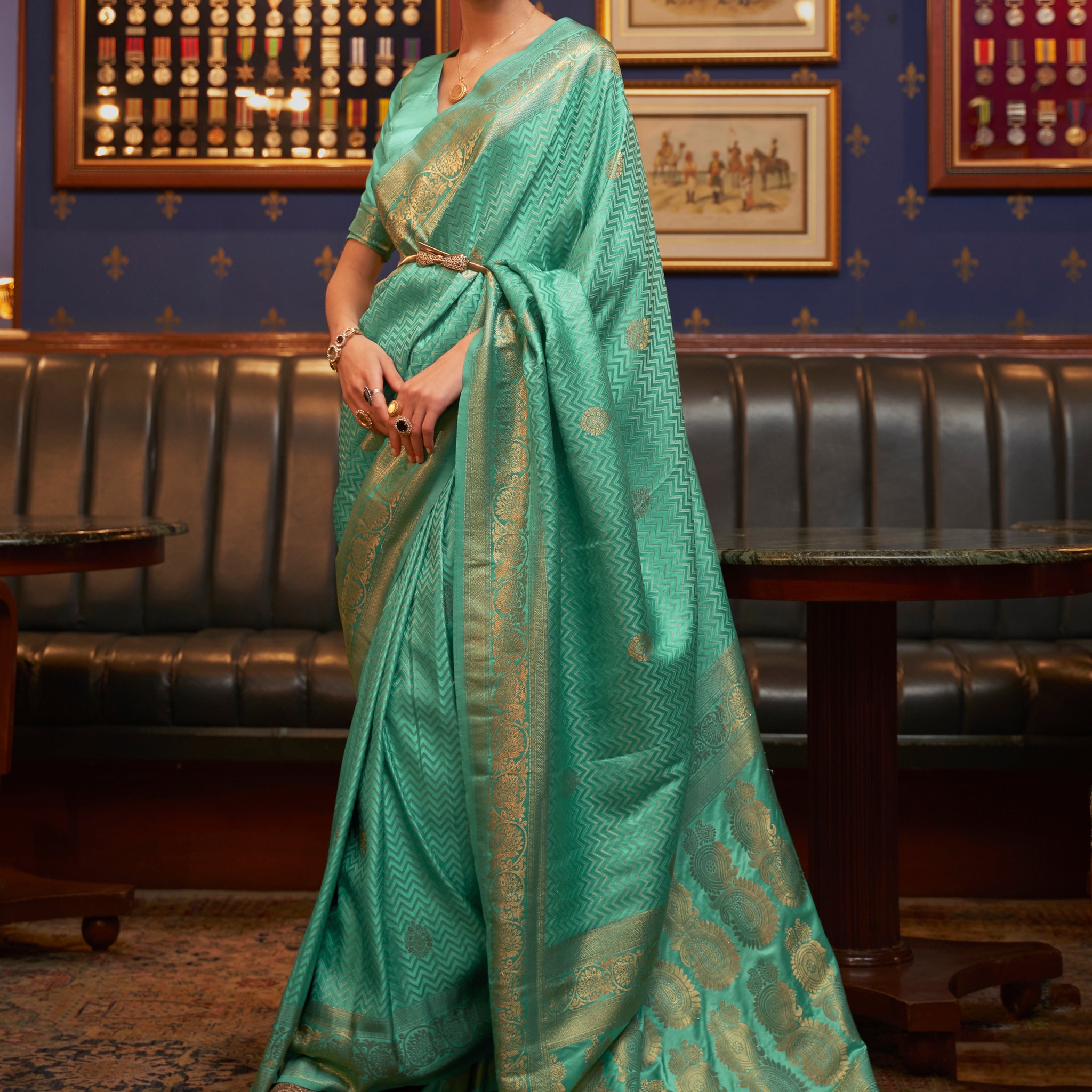 Attractive Green Zari Weaving Satin Sangeet Wear Saree With Blouse