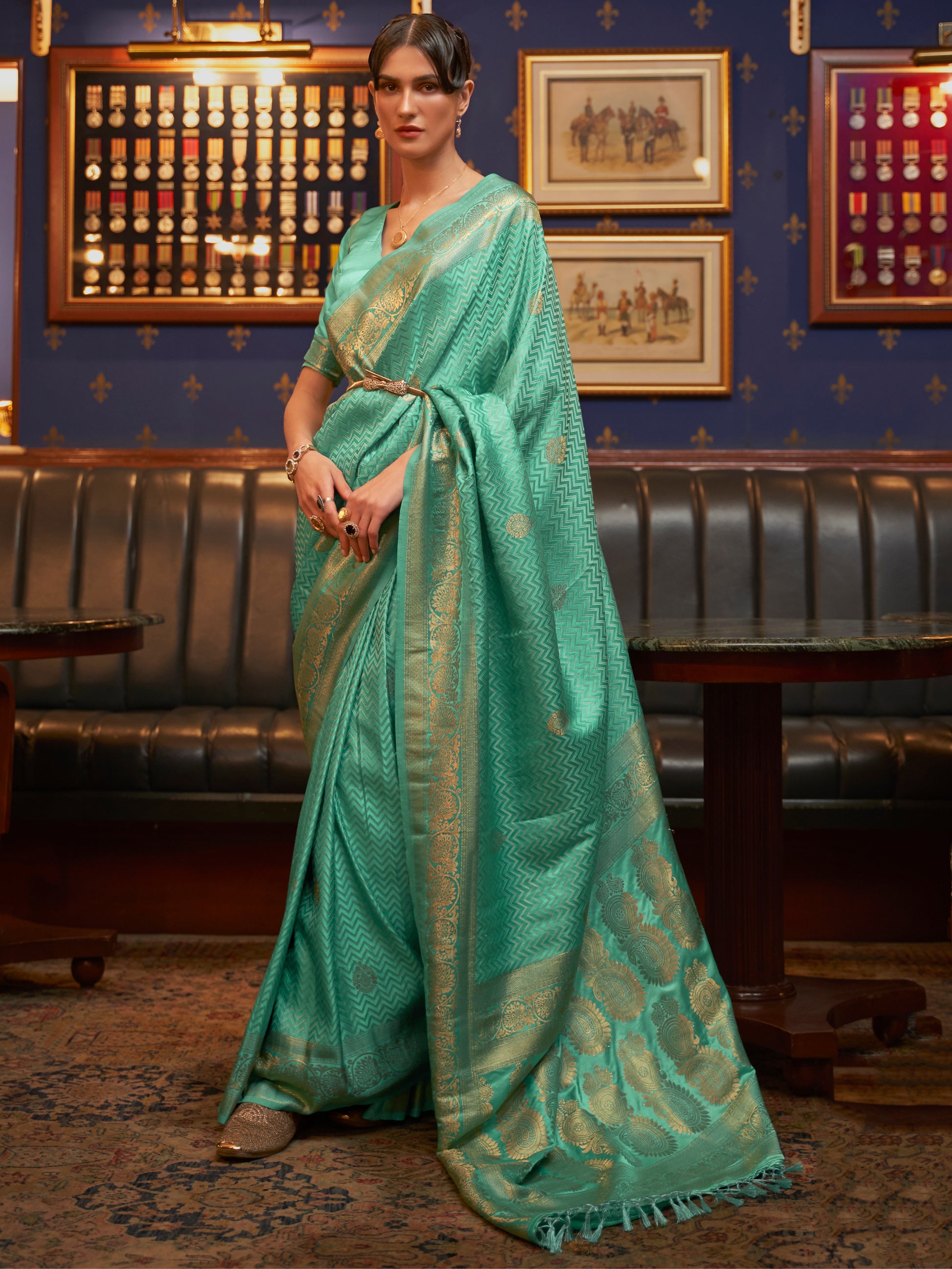 Attractive Green Zari Weaving Satin Sangeet Wear Saree With Blouse