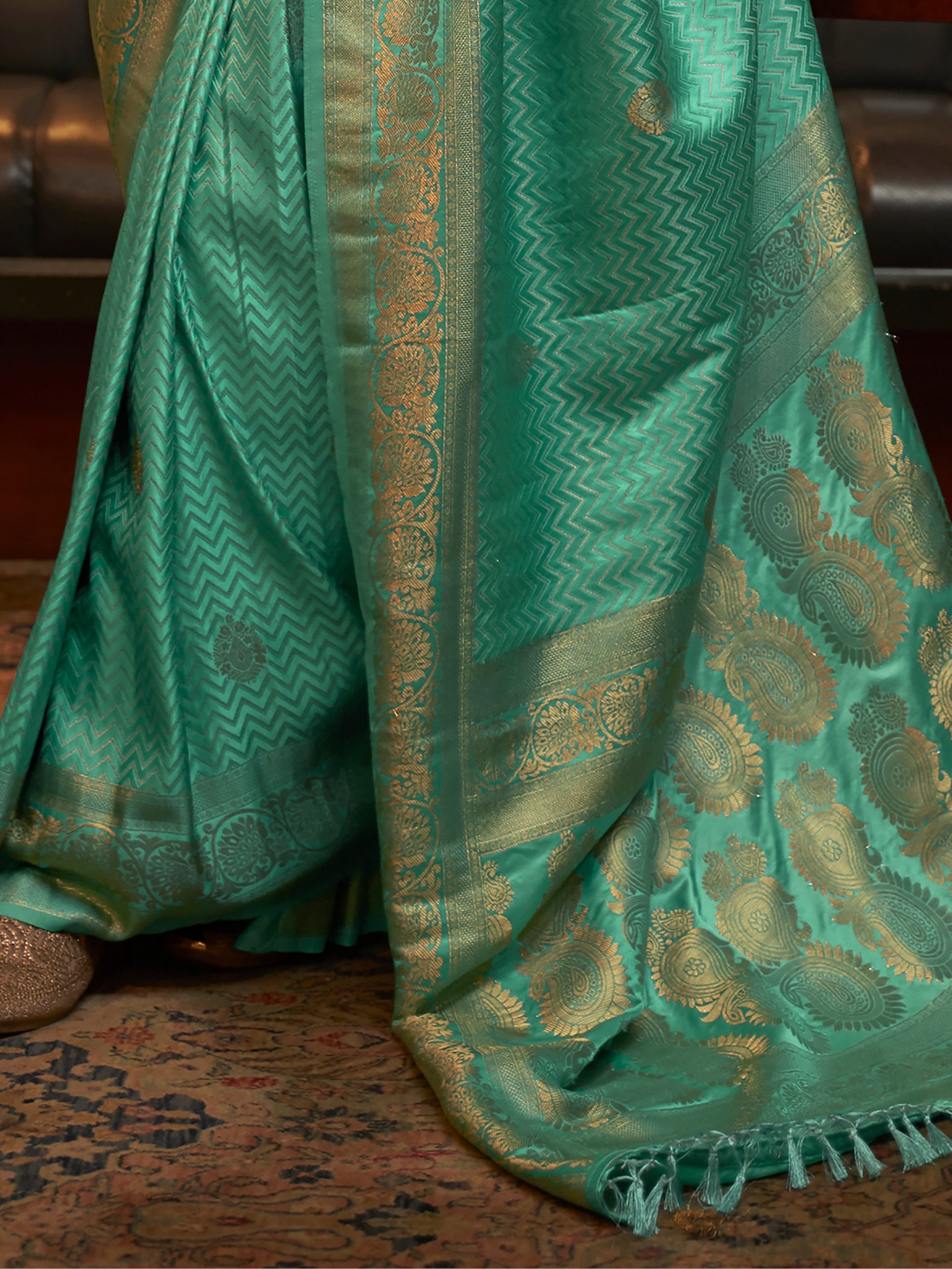 Attractive Green Zari Weaving Satin Sangeet Wear Saree With Blouse