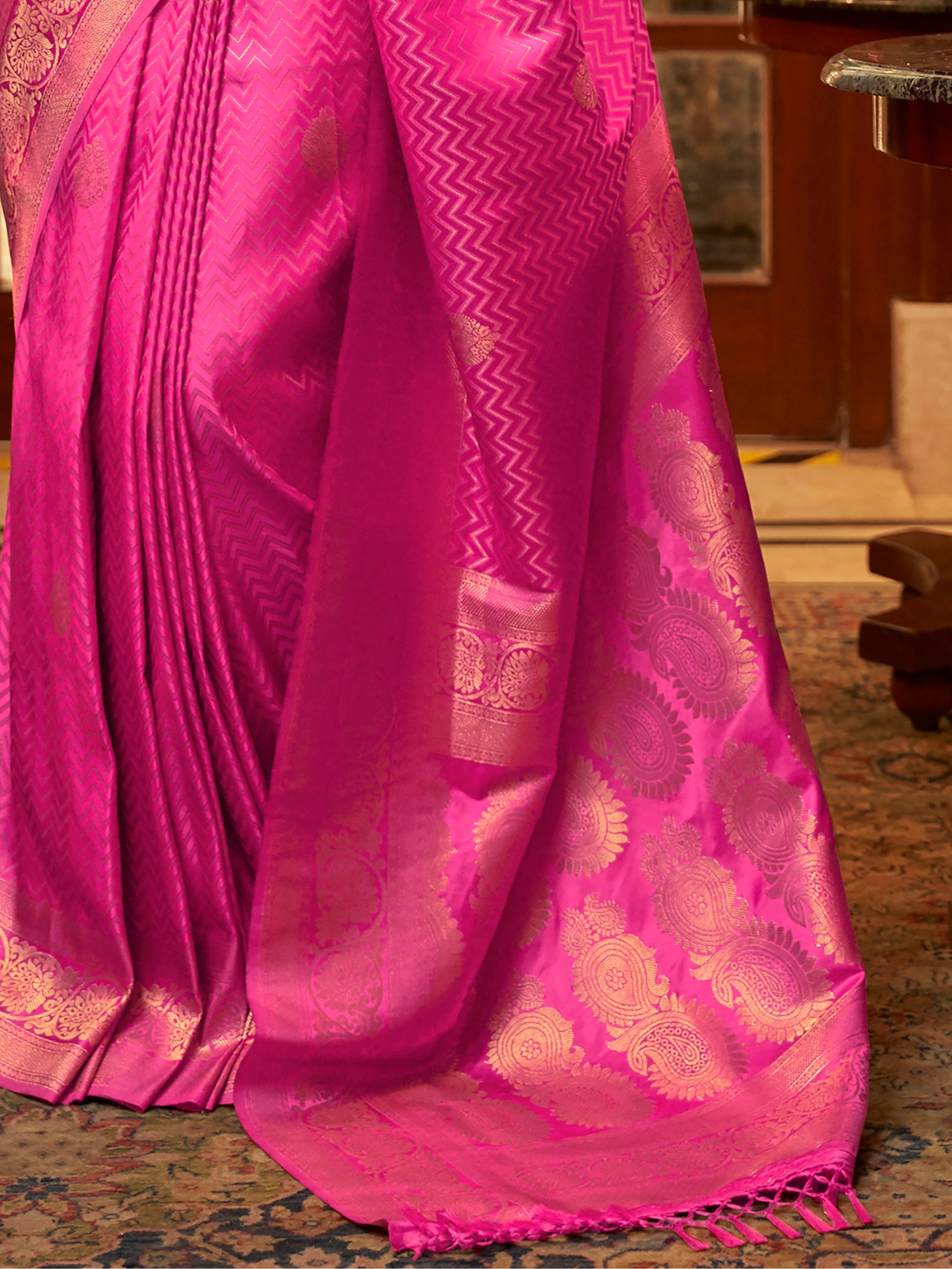Captivating Pink Zari Weaving Satin Festive Wear Saree With Blouse