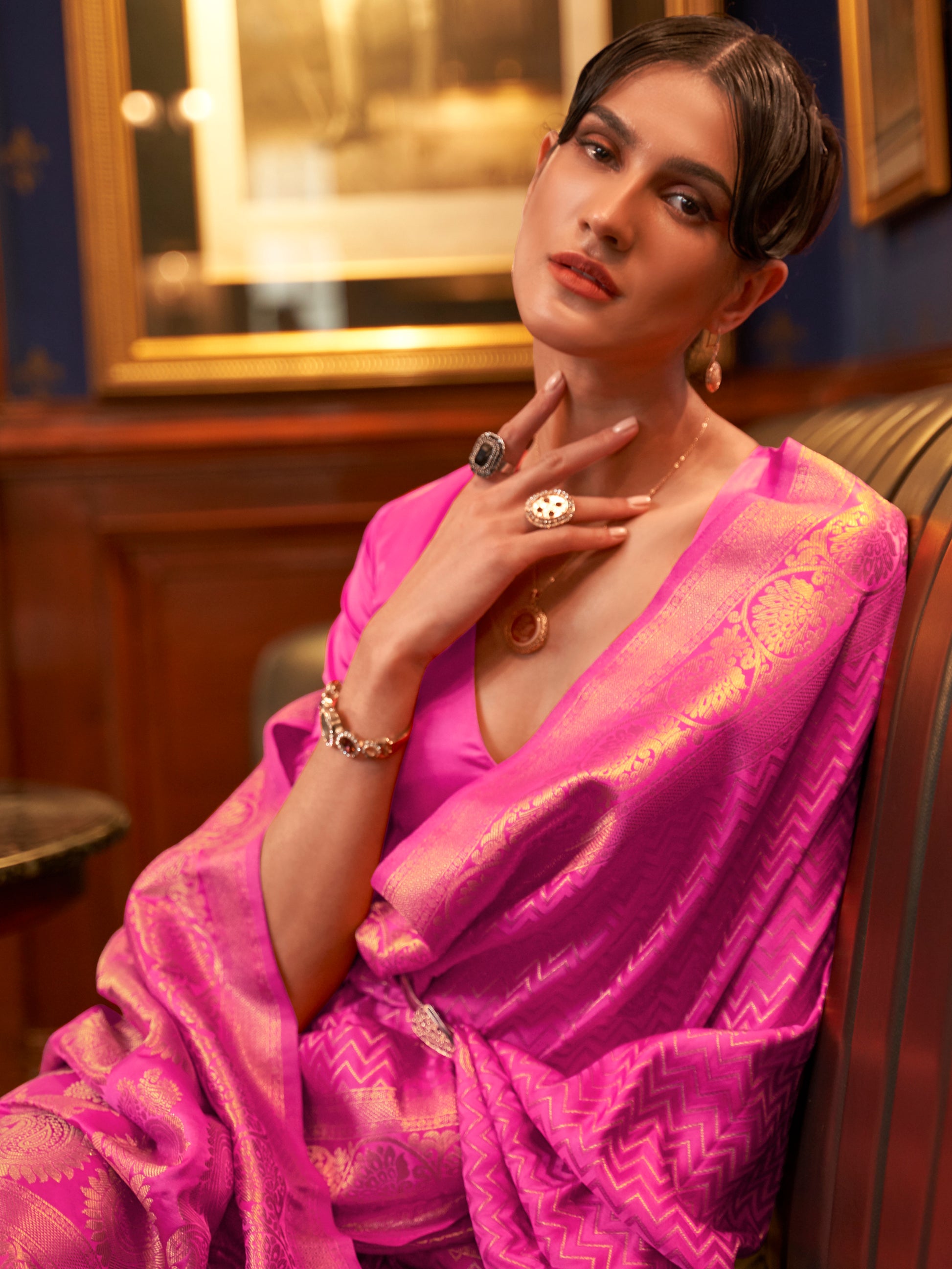 Captivating Pink Zari Weaving Satin Festive Wear Saree With Blouse