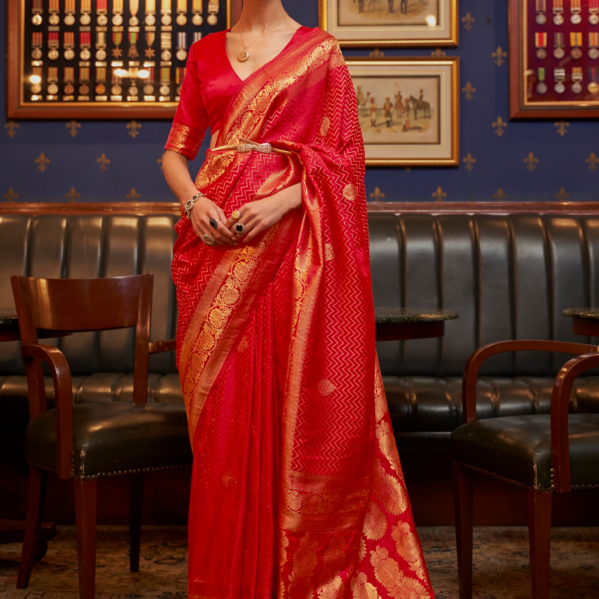 Gorgeous Red Zari Weaving Satin Engagement Wear Saree With Blouse