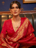 Gorgeous Red Zari Weaving Satin Engagement Wear Saree With Blouse
