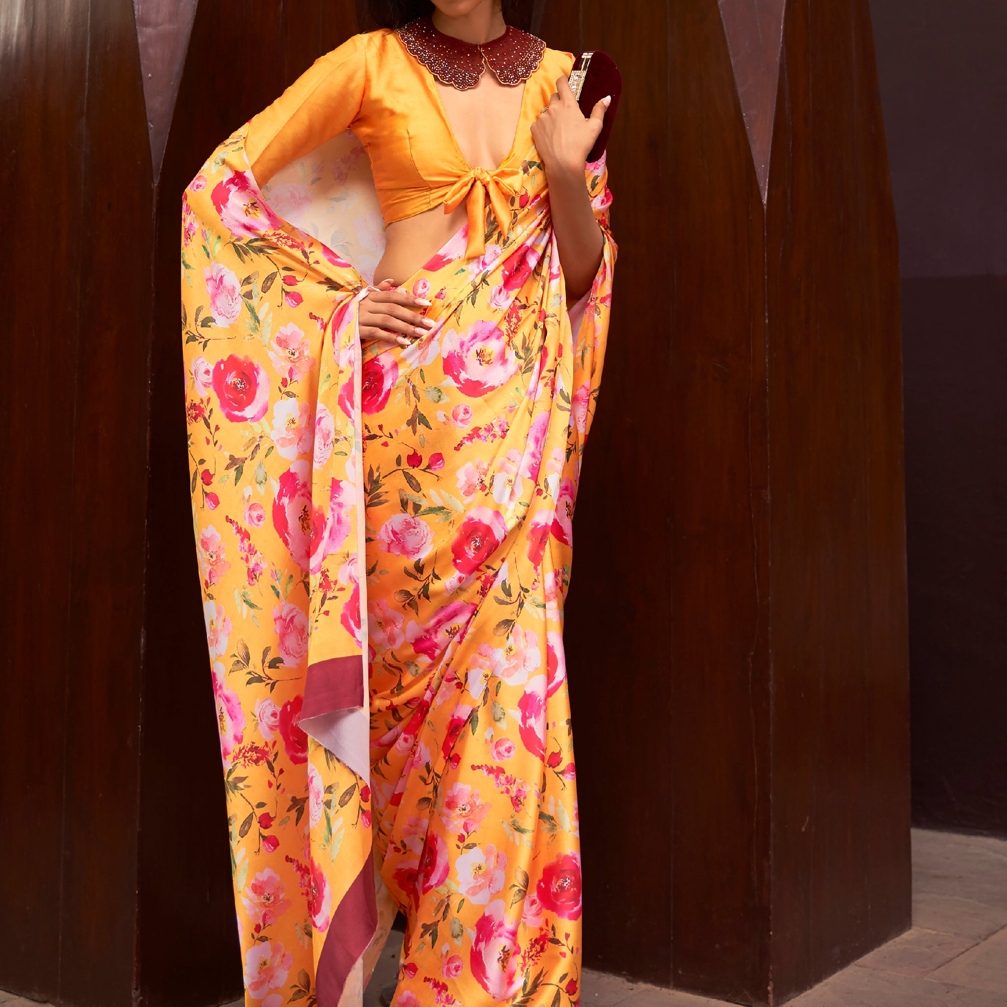 Charming Yellow Floral Printed Satin Festive Wear Saree With Blouse