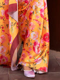 Charming Yellow Floral Printed Satin Festive Wear Saree With Blouse