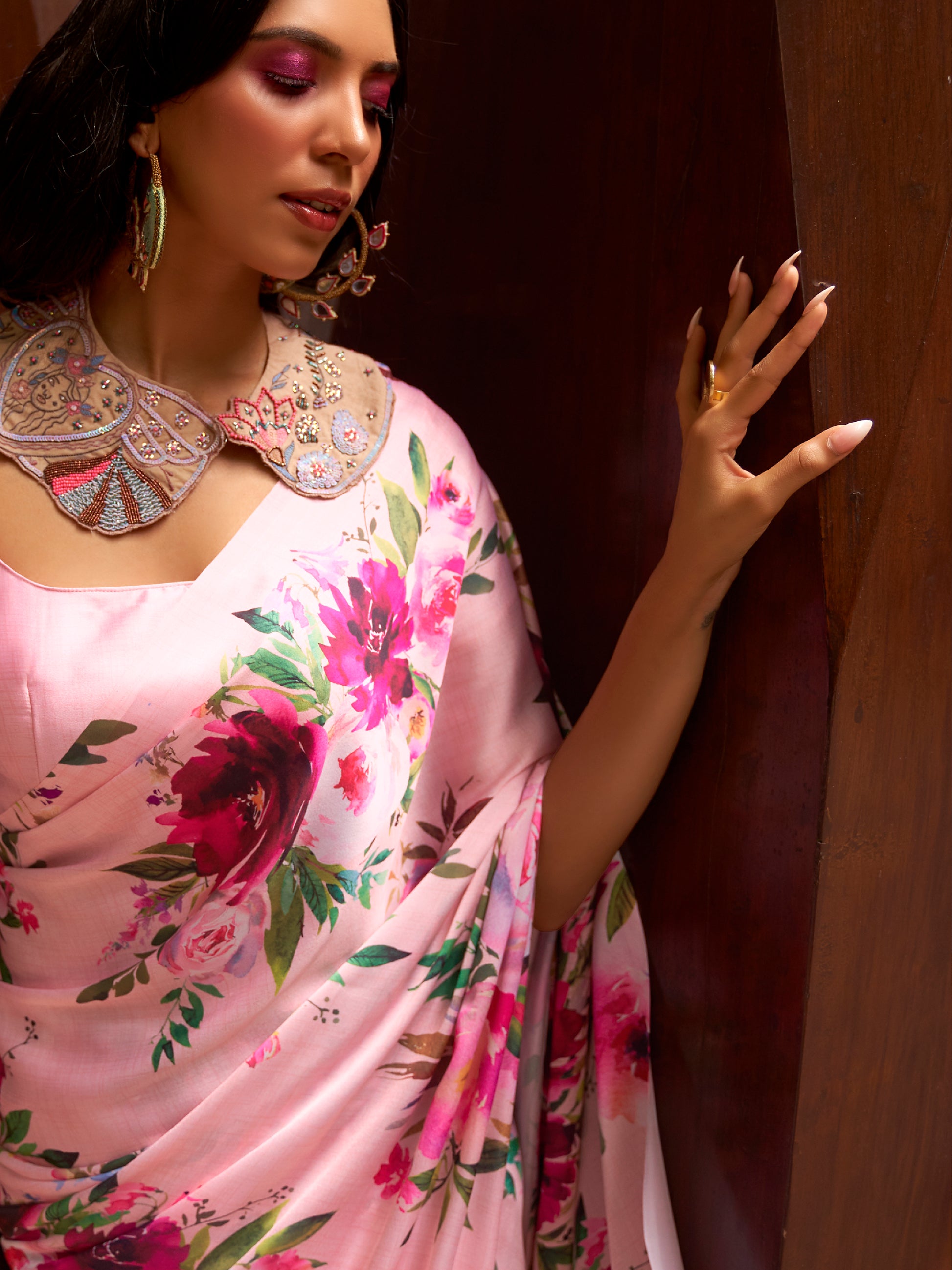 Adorable Pink Floral Printed Satin Events Wear Saree With Blouse