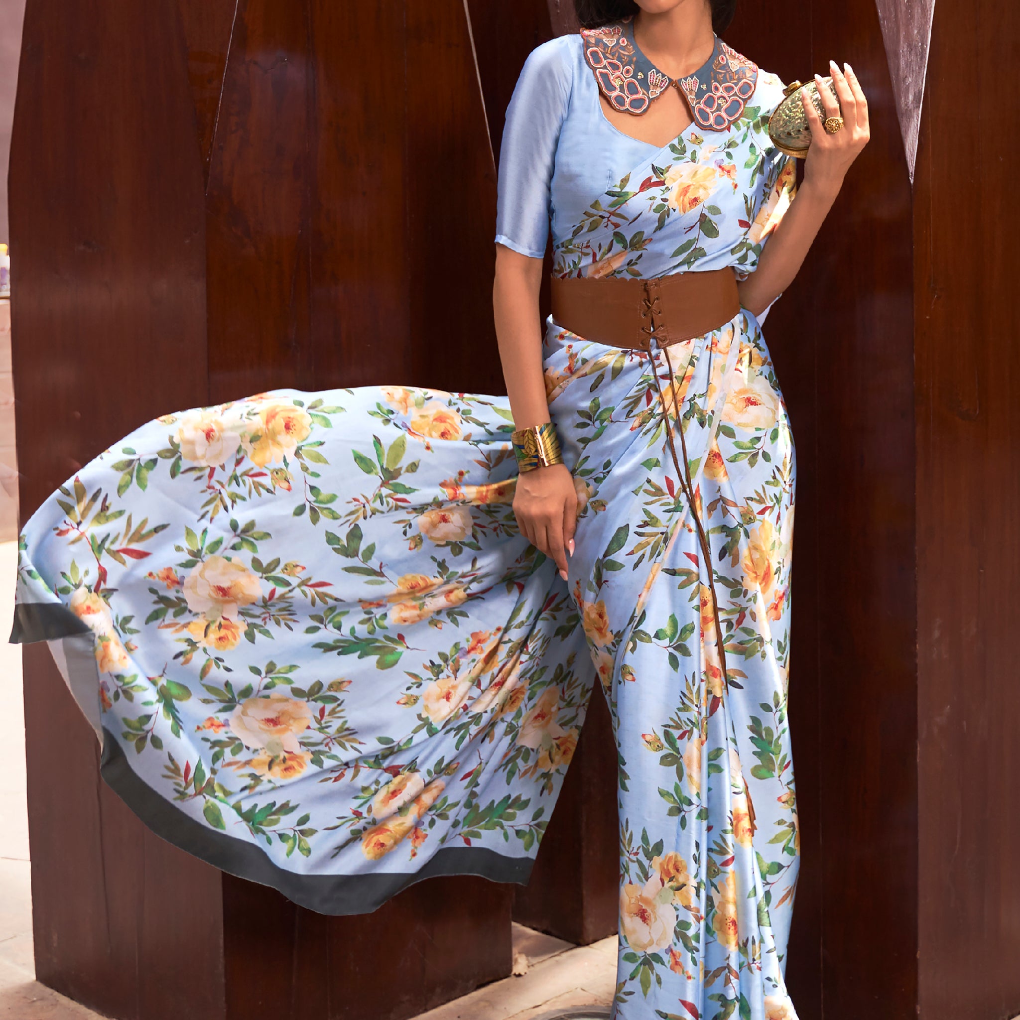 Captivating Sky-Blue Floral Printed Satin Function Wear Saree With Blouse