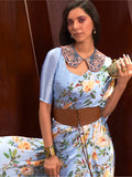 Captivating Sky-Blue Floral Printed Satin Function Wear Saree With Blouse
