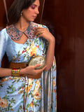 Captivating Sky-Blue Floral Printed Satin Function Wear Saree With Blouse