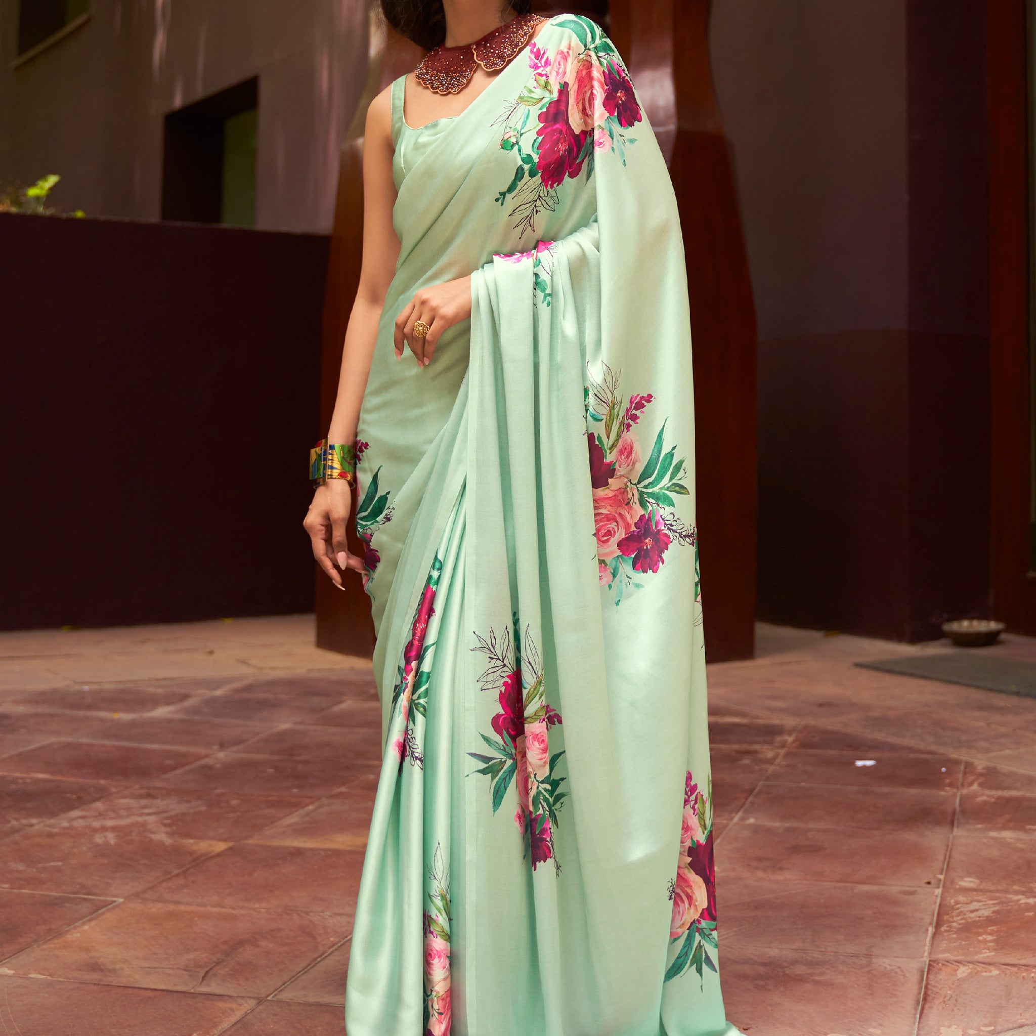 Beautiful Pista Green Floral Printed Satin Saree With Blouse