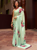 Beautiful Pista Green Floral Printed Satin Saree With Blouse