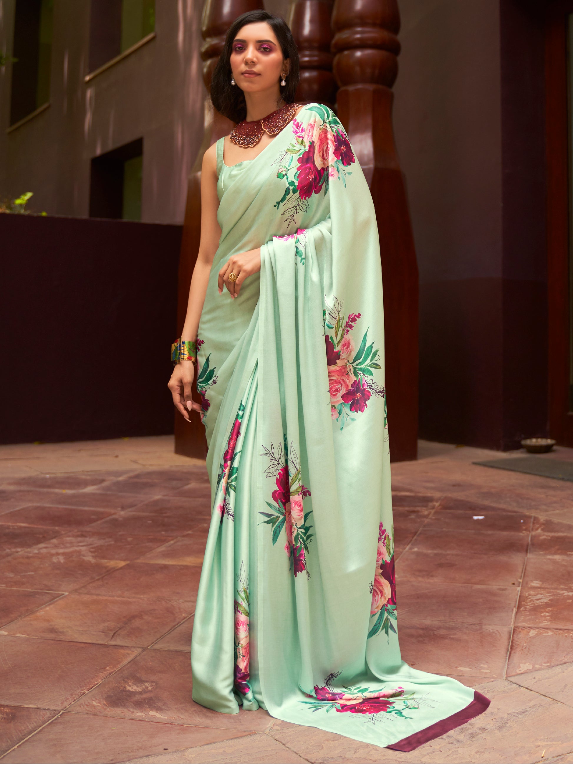 Beautiful Pista Green Floral Printed Satin Saree With Blouse
