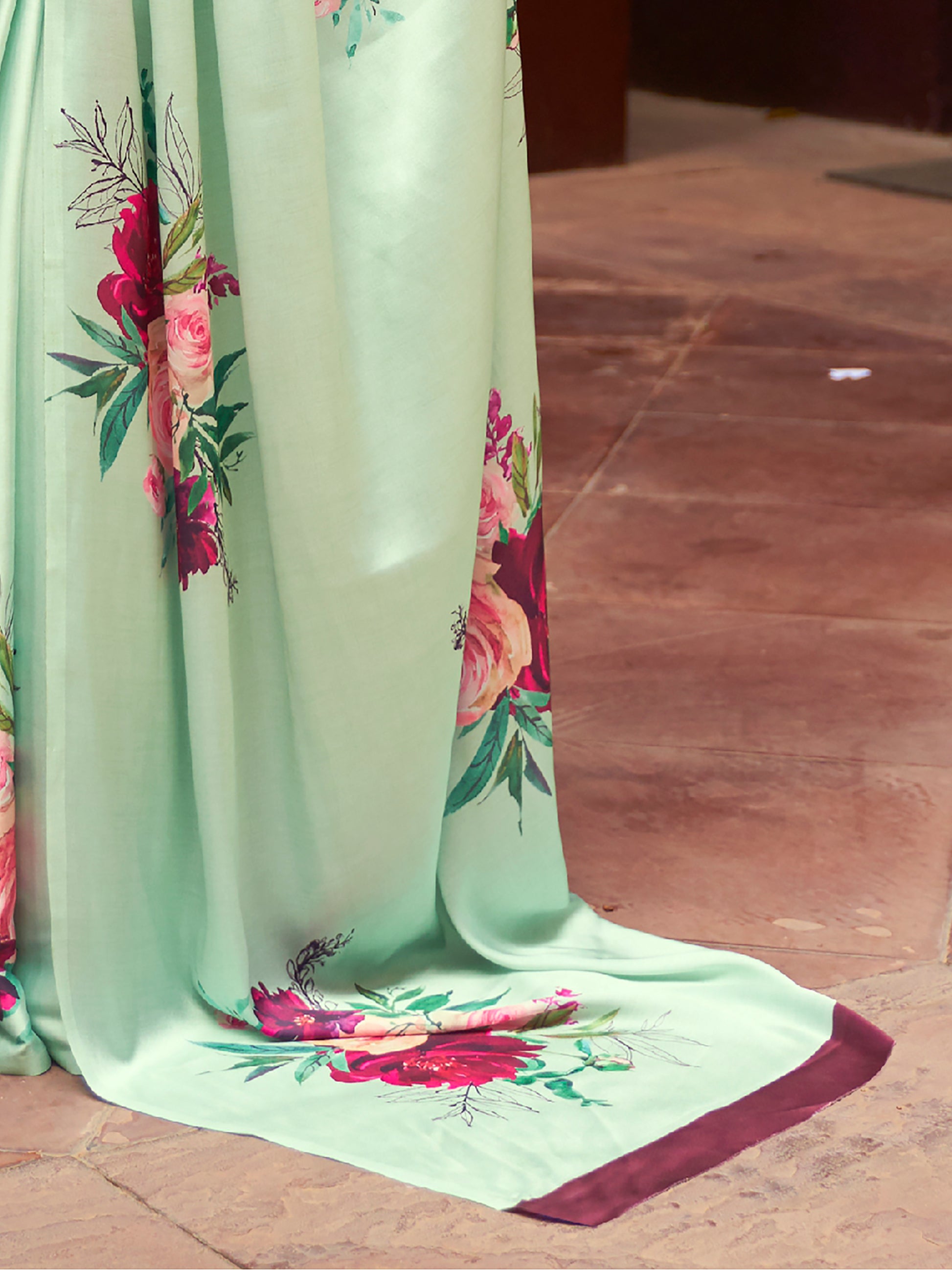 Beautiful Pista Green Floral Printed Satin Saree With Blouse