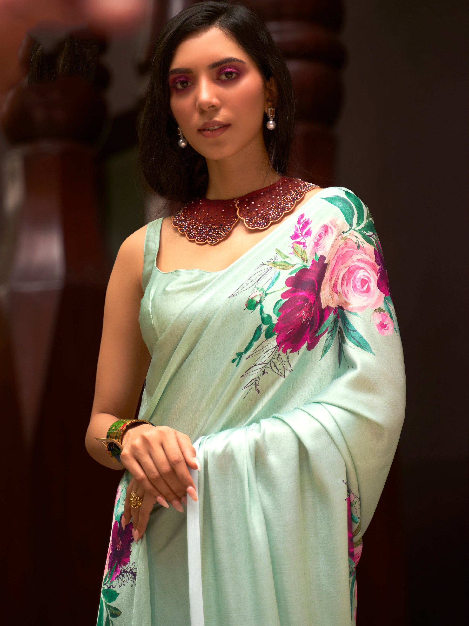 Beautiful Pista Green Floral Printed Satin Saree With Blouse