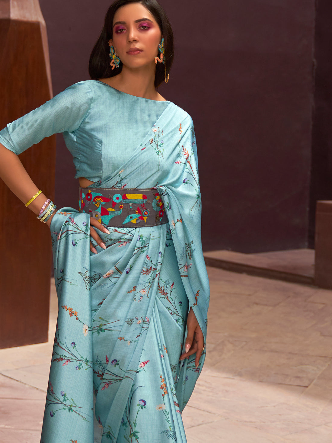 Gorgeous Sky Blue Floral Printed Satin Party Wear Saree With Blouse