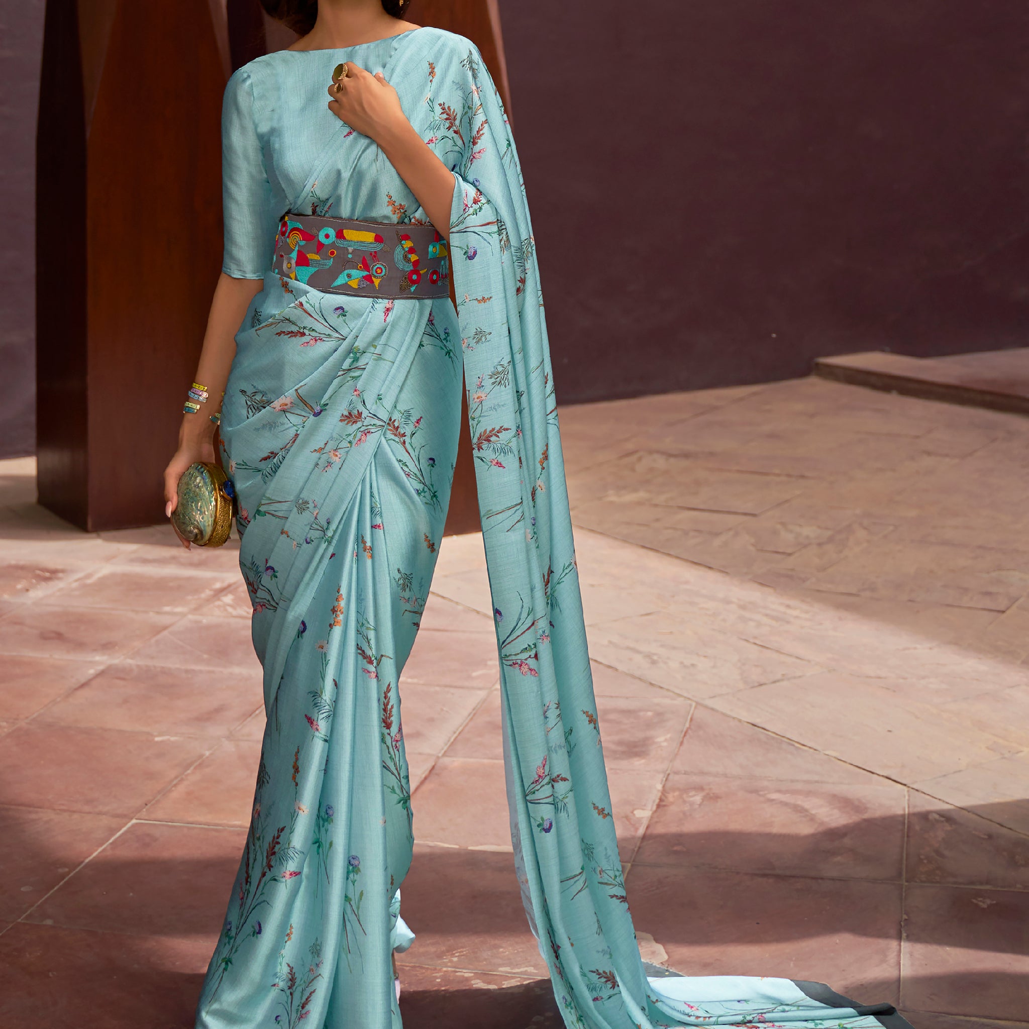 Gorgeous Sky Blue Floral Printed Satin Party Wear Saree With Blouse
