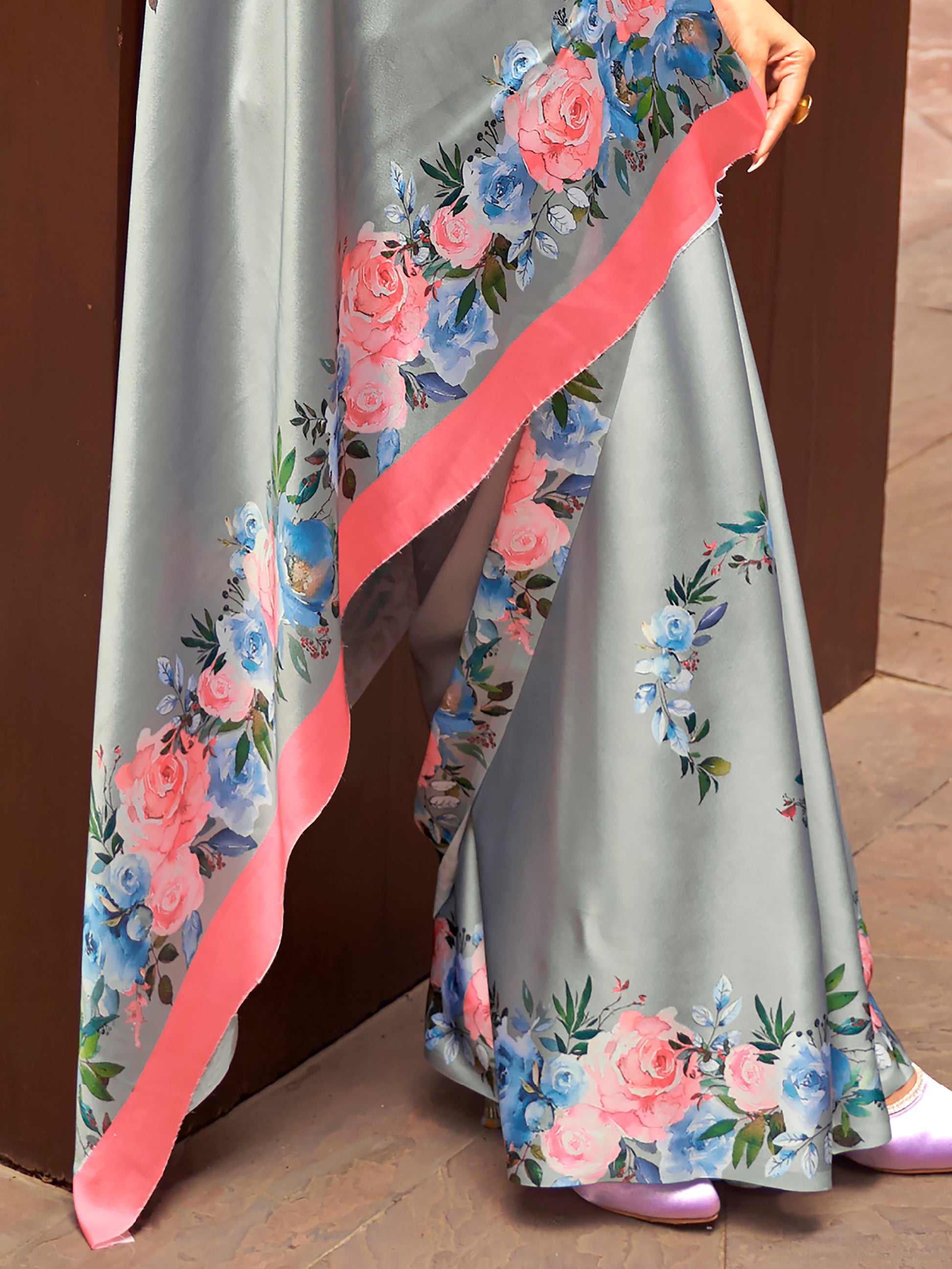 Attractive Grey Floral Printed Satin Events Wear Saree With Blouse