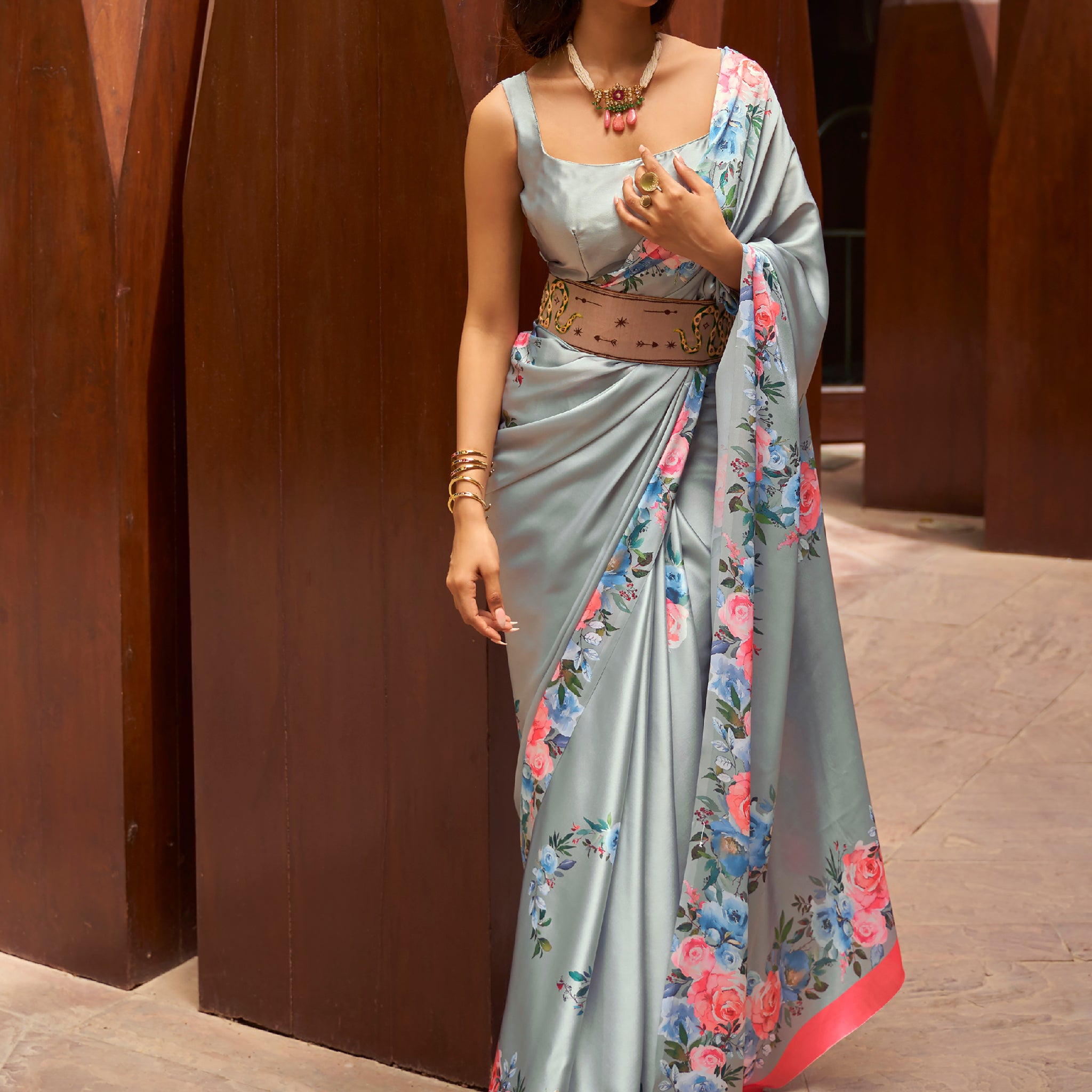 Attractive Grey Floral Printed Satin Events Wear Saree With Blouse