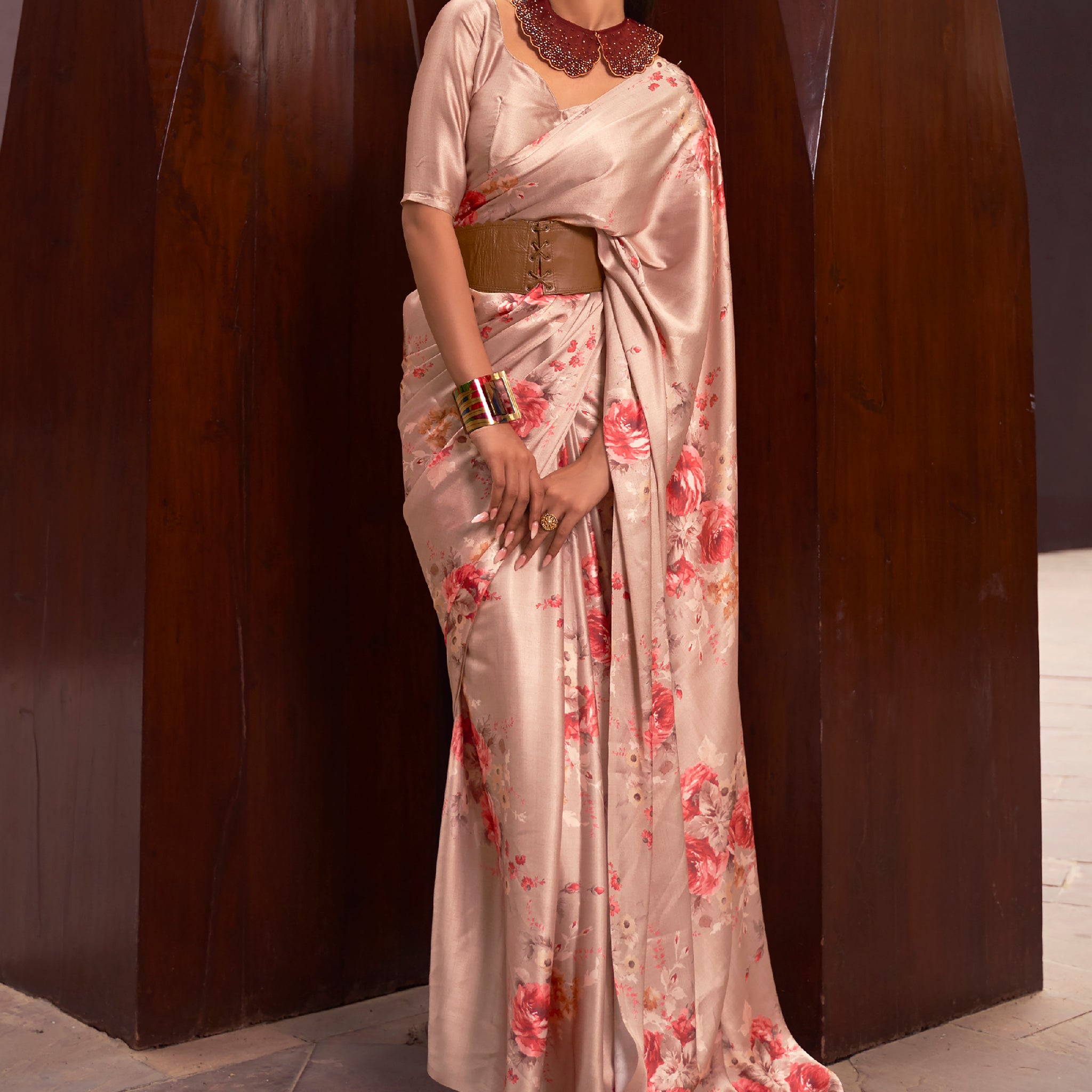 Ravishing Peach Floral Printed Satin Festive Wear Saree With Blouse