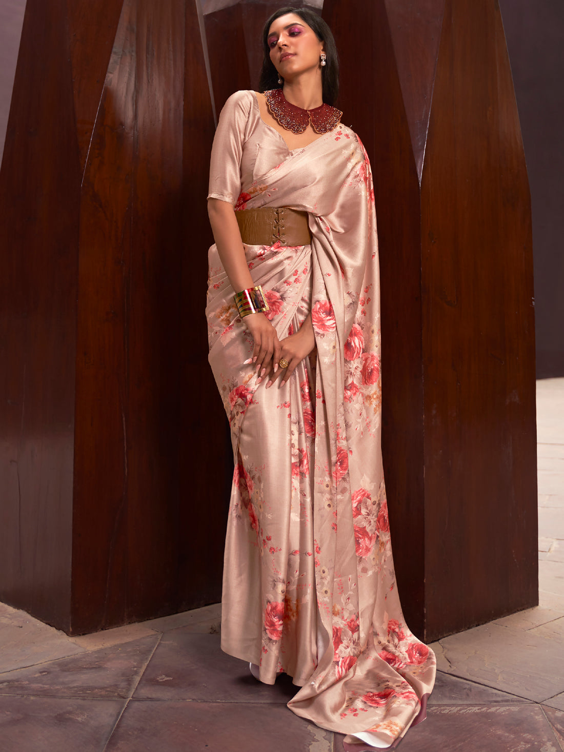 Ravishing Peach Floral Printed Satin Festive Wear Saree With Blouse