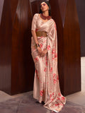 Ravishing Peach Floral Printed Satin Festive Wear Saree With Blouse