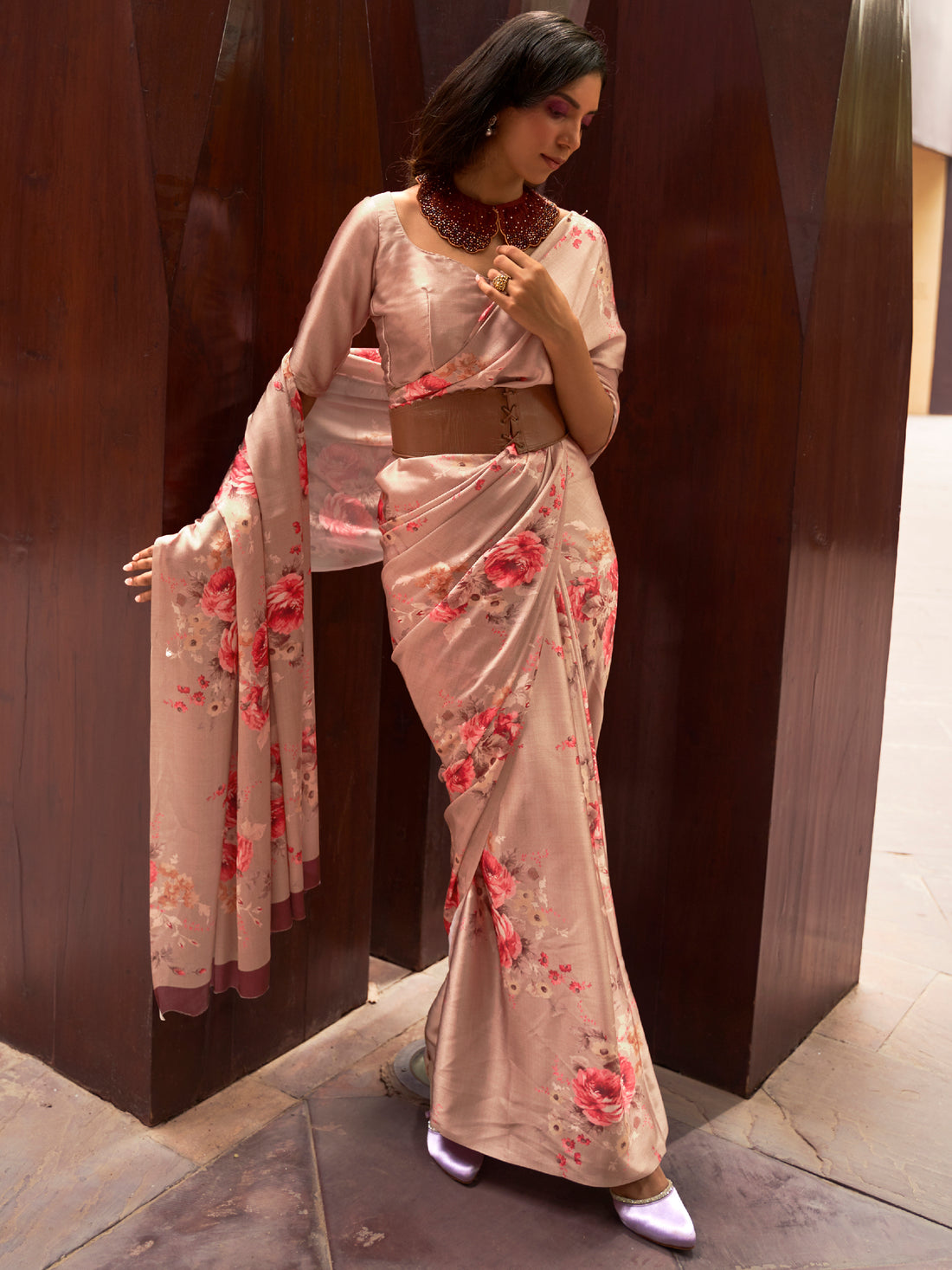 Ravishing Peach Floral Printed Satin Festive Wear Saree With Blouse