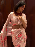 Ravishing Peach Floral Printed Satin Festive Wear Saree With Blouse