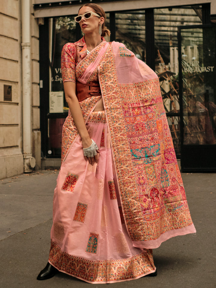 Wonderful Peach Zari Weaving Silk Traditional Saree With Blouse