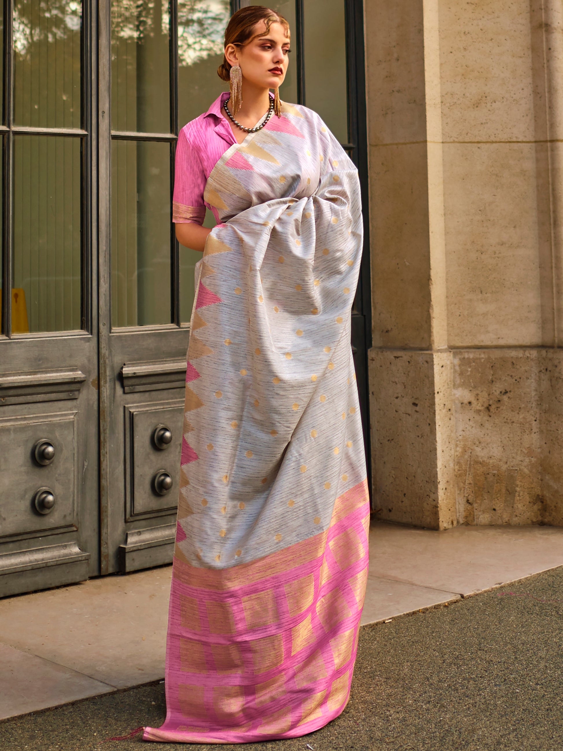 Attracting Grey Zari Weaving Silk Traditional Saree With Blouse