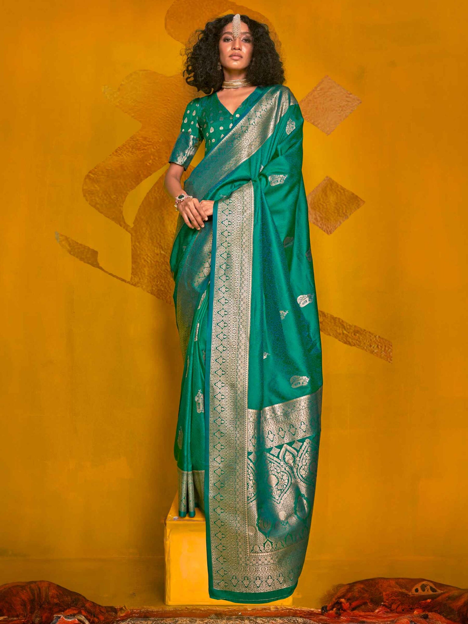 Alluring Teal Green Zari Weaving Silk Festival Wear Saree With Blouse