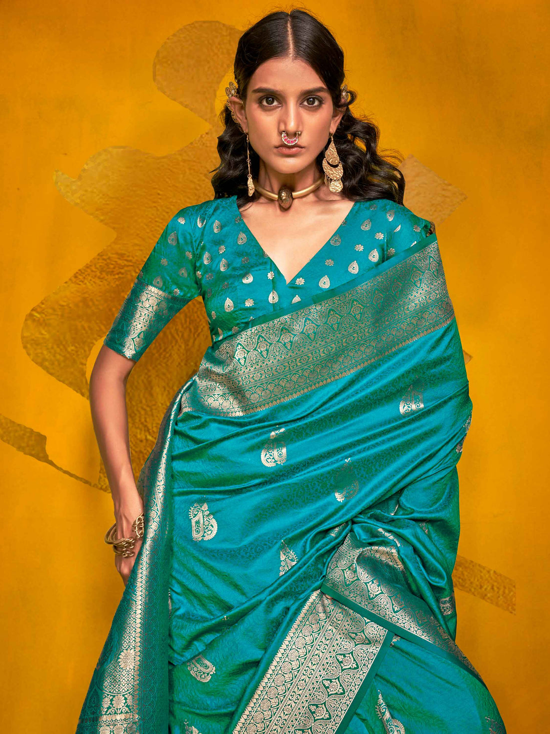 Glamorous Teal Blue Zari Weaving Silk Traditional Saree With Blouse