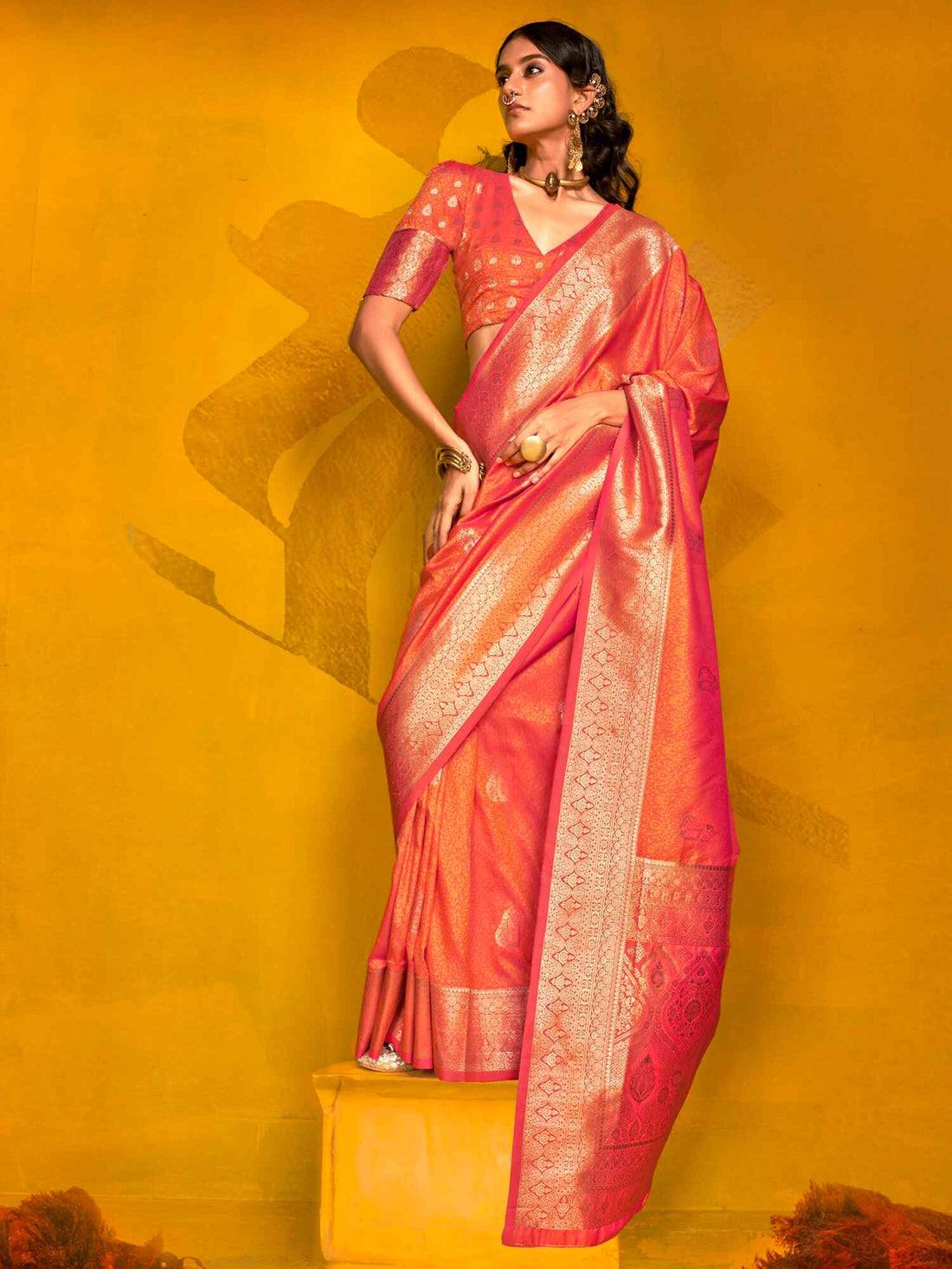 Incredible Orange Zari Weaving Silk Festival Wear Saree With Blouse