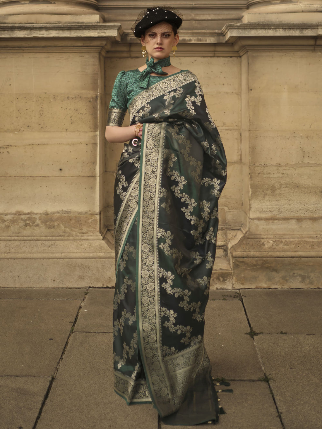 Stunning Dark Green Zari Weaving Satin Wedding Wear Saree With Blouse