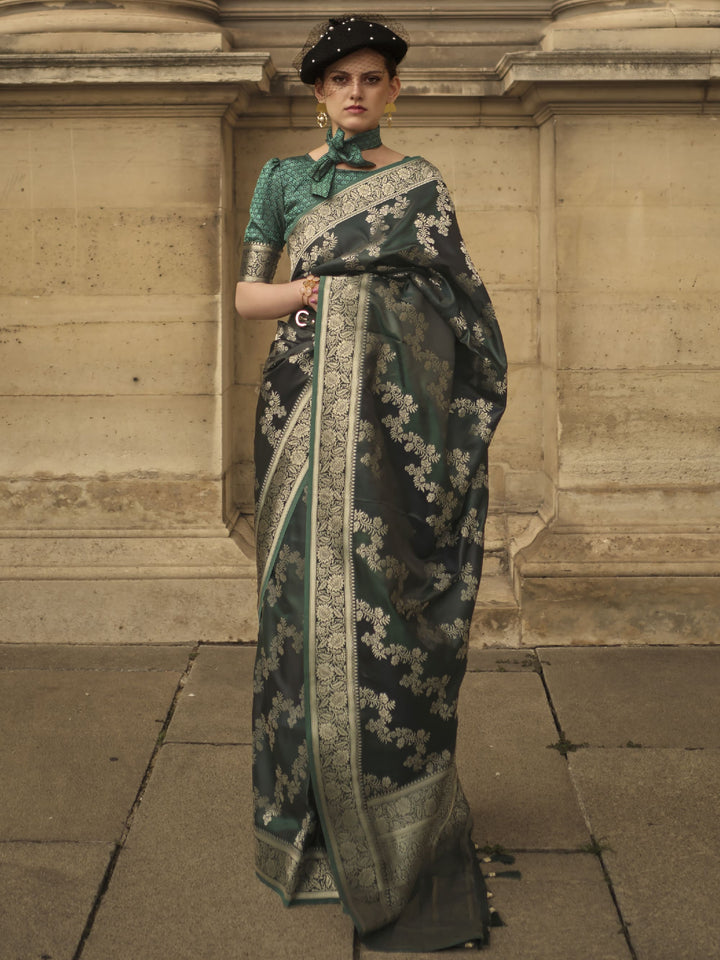Stunning Dark Green Zari Weaving Satin Wedding Wear Saree With Blouse