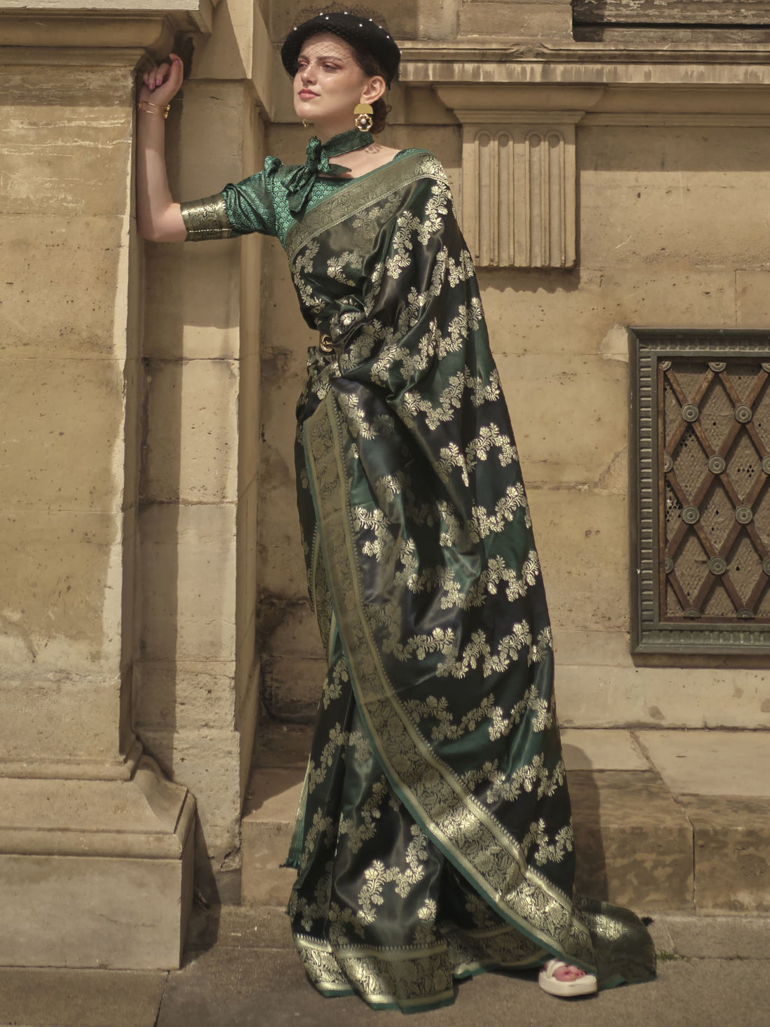 Stunning Dark Green Zari Weaving Satin Wedding Wear Saree With Blouse