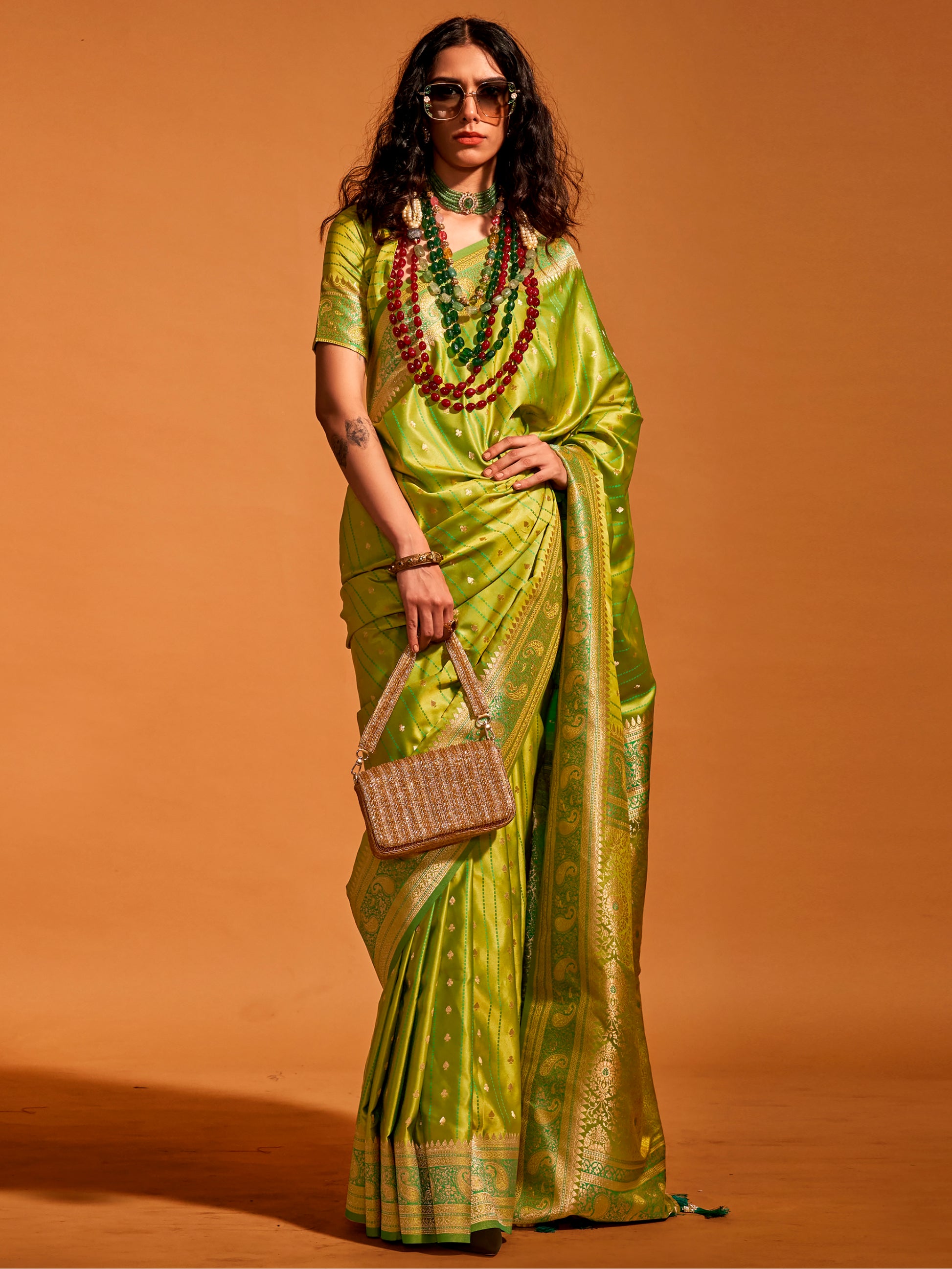 Alluring Light Green Zari Weaving Satin Festive Wear Saree With Blouse