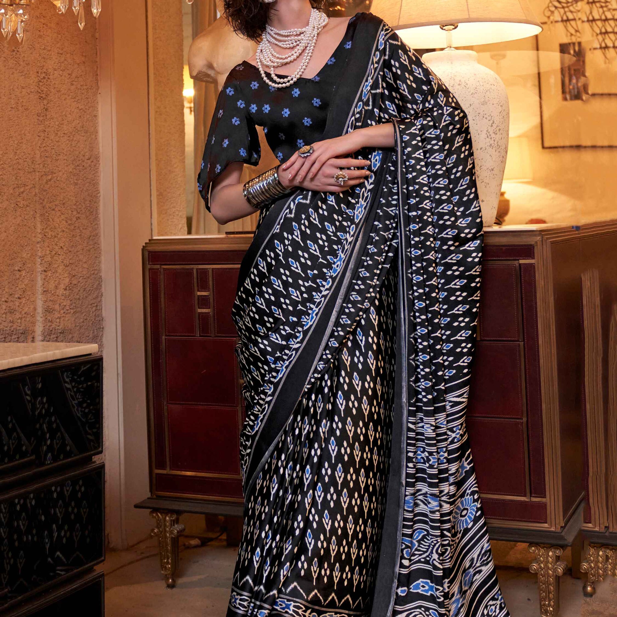 Attractive Black Digital Printed Satin Event Wear Saree With Blouse
